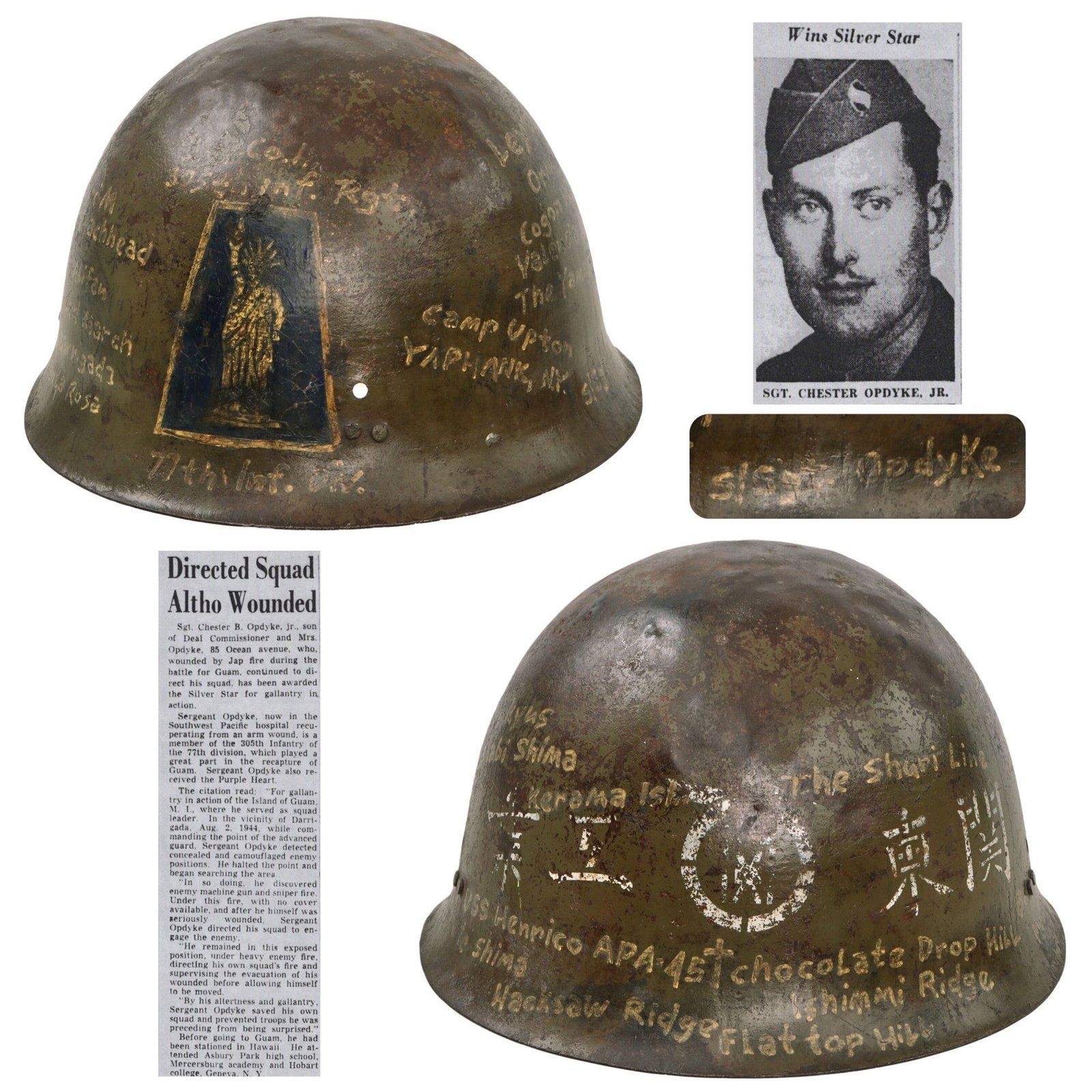Original U.S. WWII 77th Infantry Division Captured & Painted Travel Diary Japanese Last Ditch Type 92 Helmet of Silver Star Recipient Chester B. Opdyke