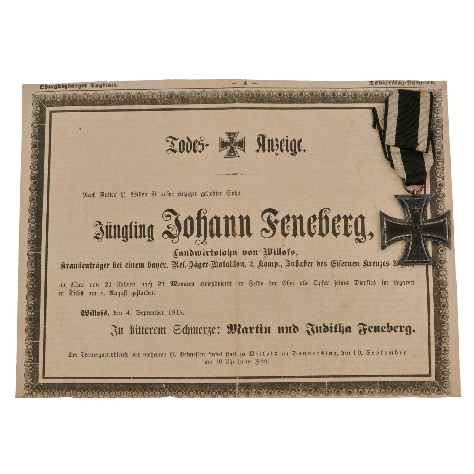 Original Imperial German WWI Prussian Iron Cross 2nd Class 1914 with Ribbon and Soldier’s Death Notice Taken from Newspaper - Johann Feneberg, Reserve Jager Battalion Stretcher Bearer