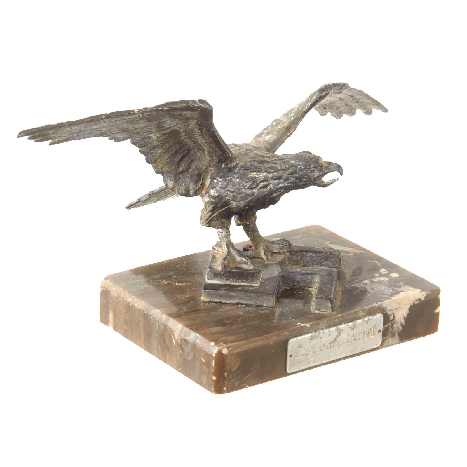 Original German WWII Metal Eagle Desk Ornament on Marble Base with "Jousting 1939" Dedication Plaque