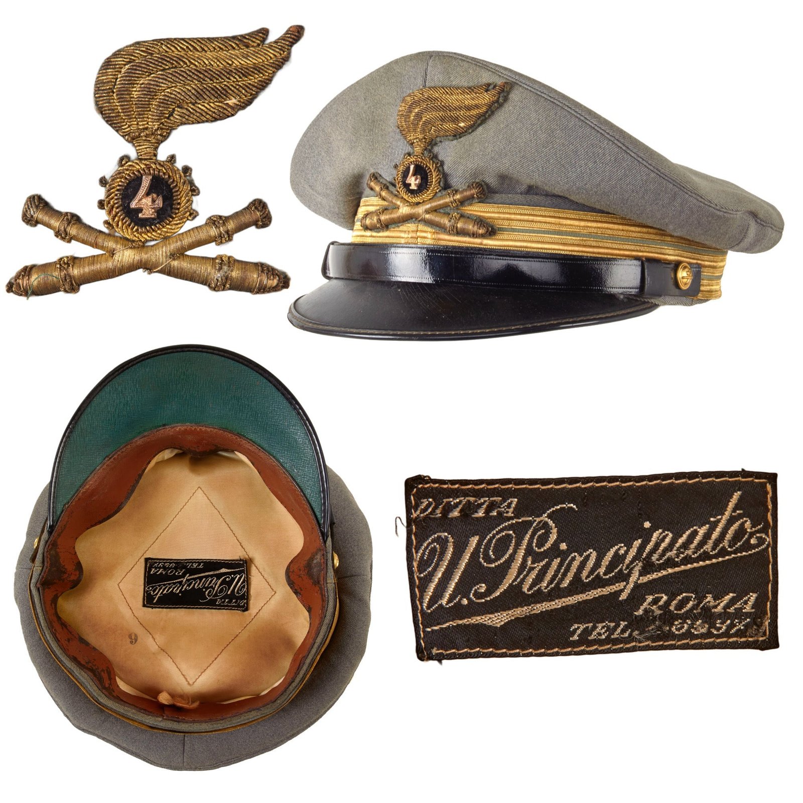 Original Italian WWII Royal Italian Army 4th Heavy Field Artillery Regiment Capitano Officers Peaked Visor Cap by U. Principato of Rome - Size 6