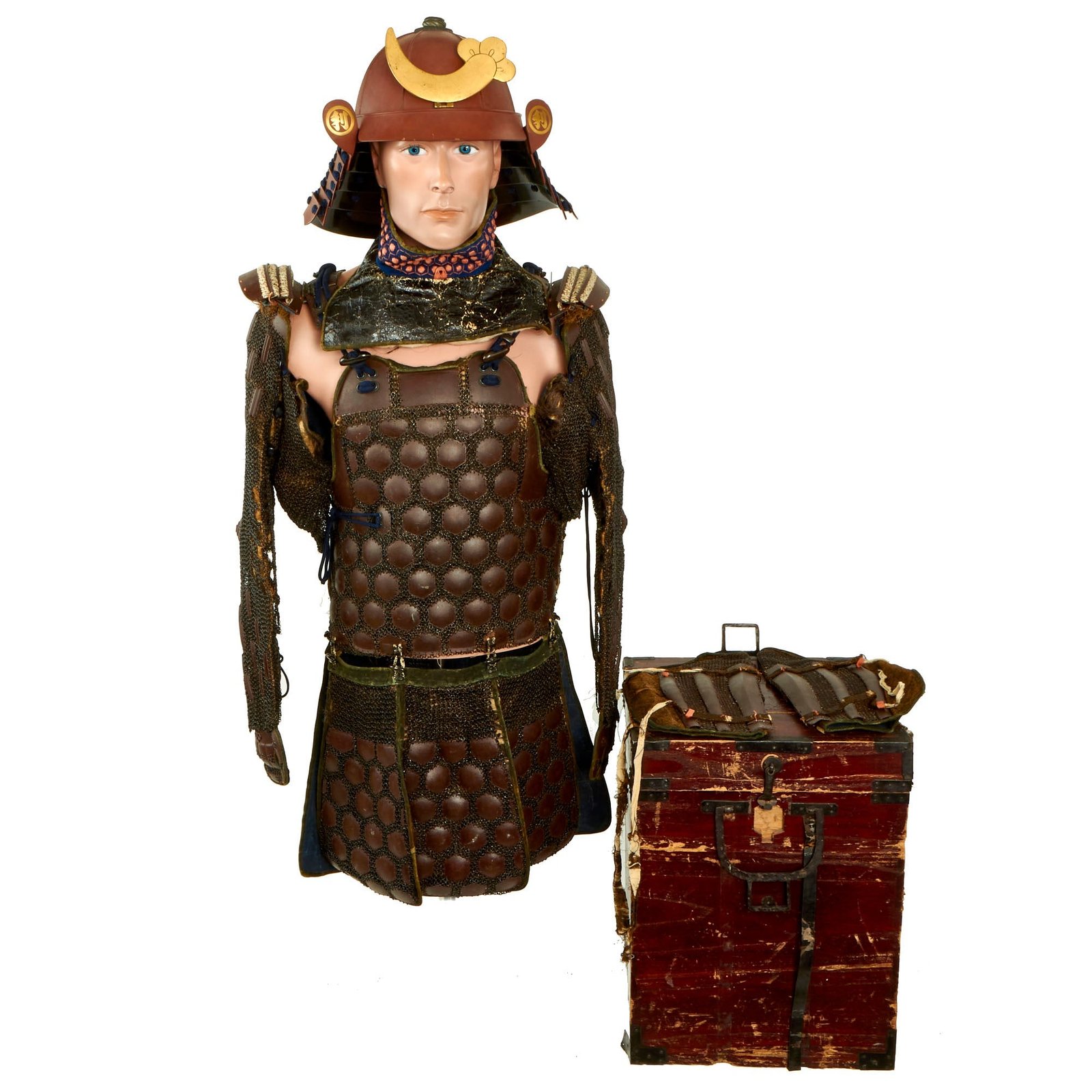 Buy Original Japanese 19th Century Edo Period Samurai Full Body Armor with Kabuto Helmet in Wood Transit Chest | Original Firearms Antique For Sale