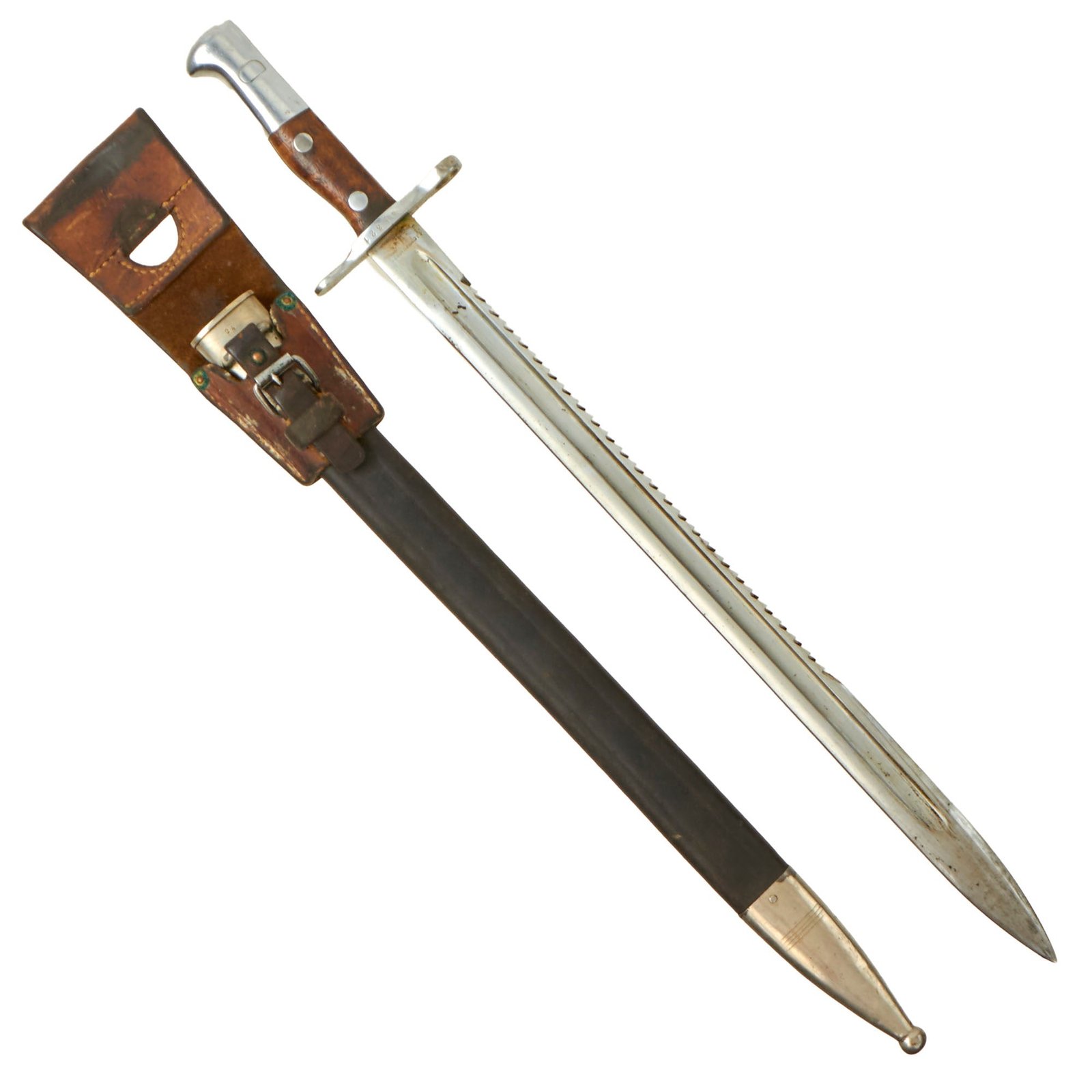 Buy Original WWI Swiss Model 1914 Pioneer Sawback Sword Bayonet by S.J.C. Neuhausen with Scabbard & Frog | Original Firearms Antique For Sale