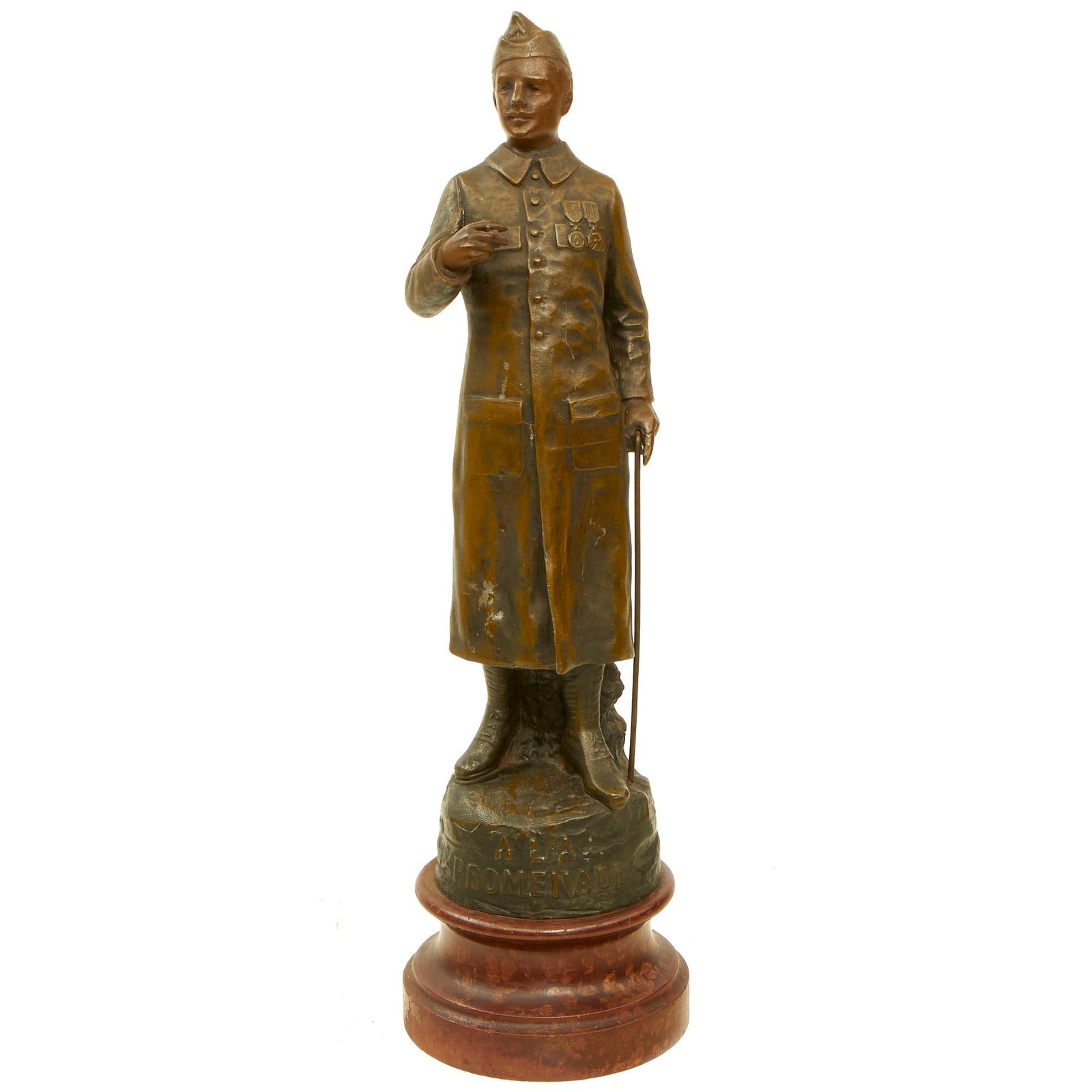 Buy Original French WWI Era Bronze French Soldier Statue on Wooden Base - “A La Promenade” | Original Firearms Antique For Sale