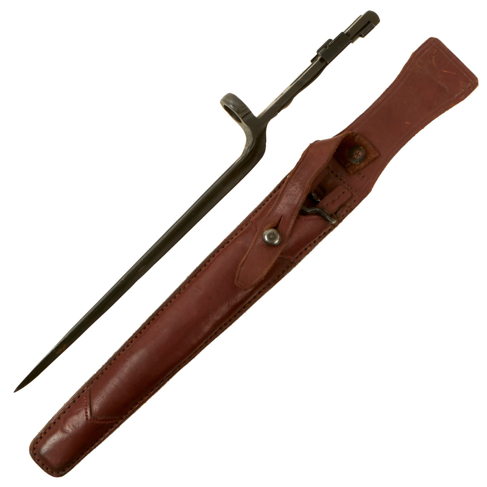 Buy Original U.S. WWII Chilean Contract M-1941 Johnson Rifle Spike Bayonet with Original Leather Scabbard | Original Firearms Antique For Sale
