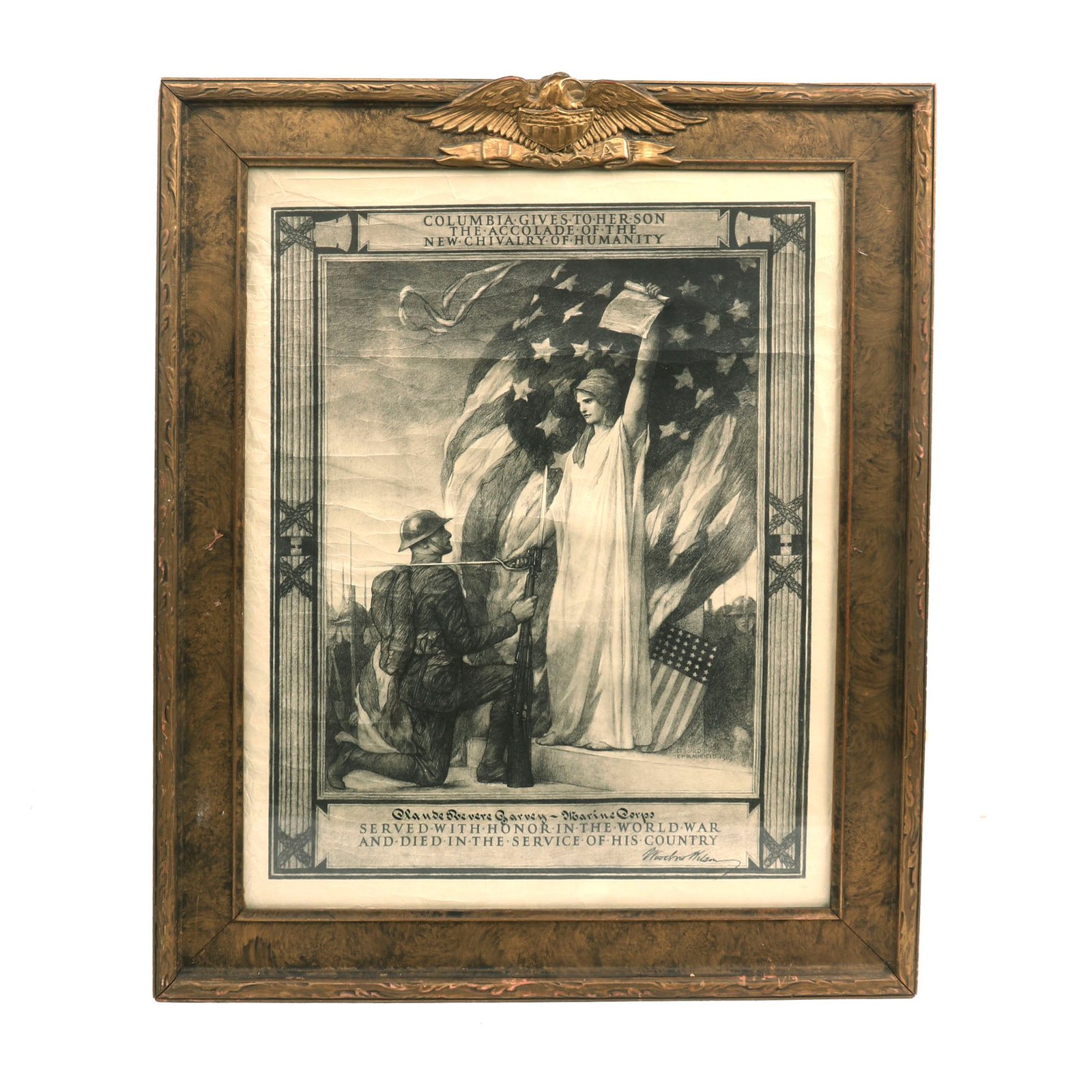 Buy Original U.S. WWI KIA Columbia Certificate to 17-Year-Old Belleau Wood Marine - Croix de Guerre and Silver Star Recipient - Claude Revere Garvey | Original Firearms Antique For Sale