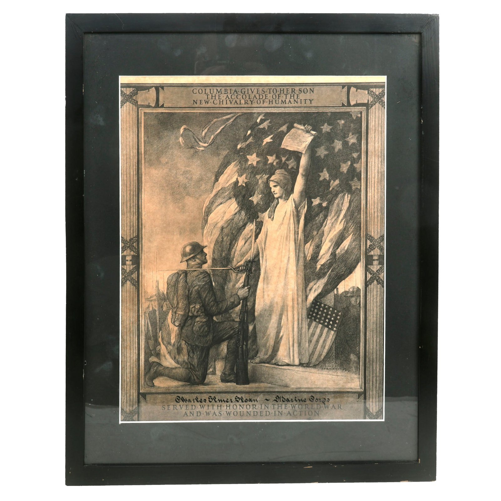 Buy Original U.S. WWI U.S.M.C. Wounded in Action Columbia Document Framed - Charles Elmer Sloan - Battle of Blanc Mont | Original Firearms Antique For Sale