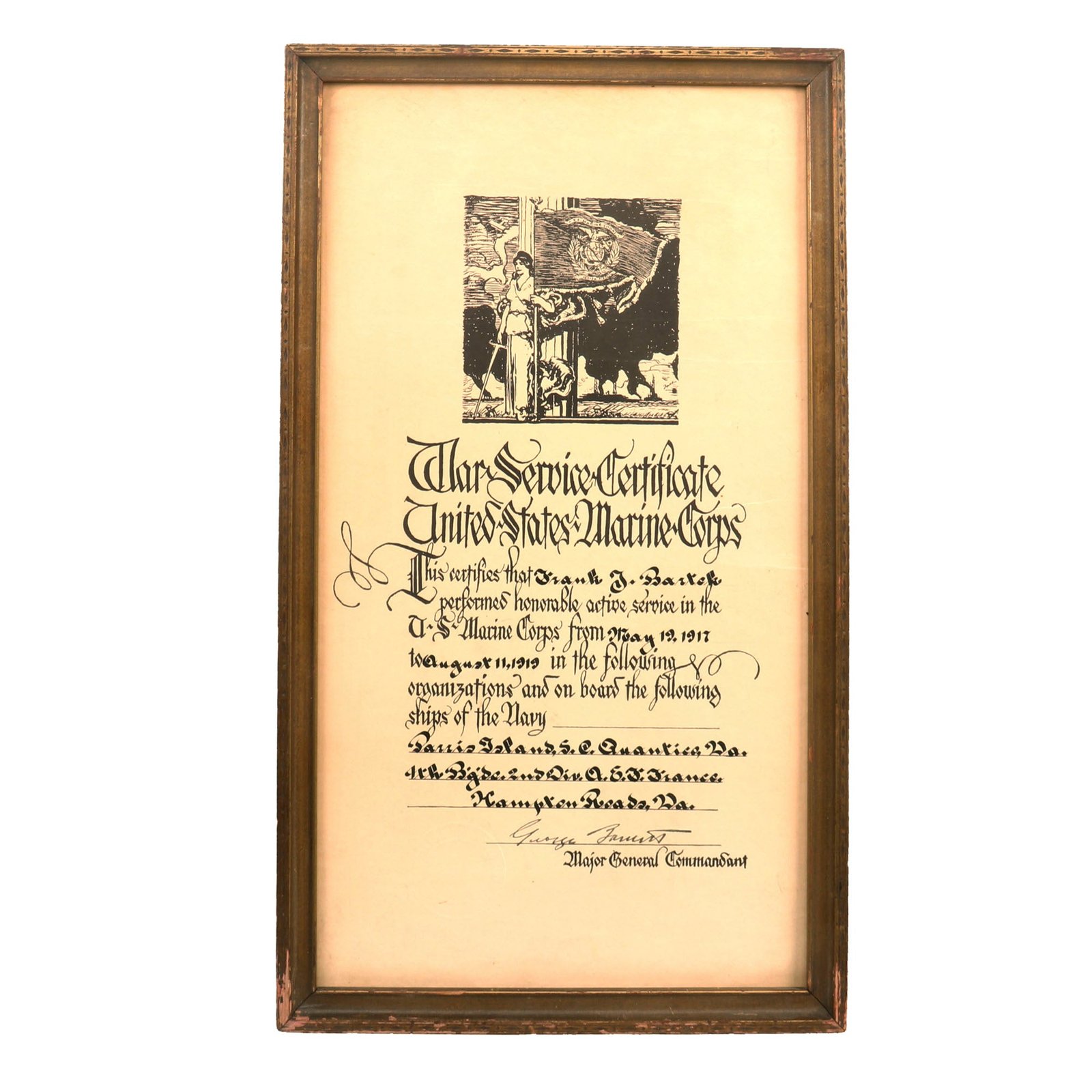 Buy Original U.S. WWI Framed U.S.M.C. War Service Certificate to Marine Gassed at the Battle of Blanc Mont - Frank John Bartek - 11x19” | Original Firearms Antique For Sale
