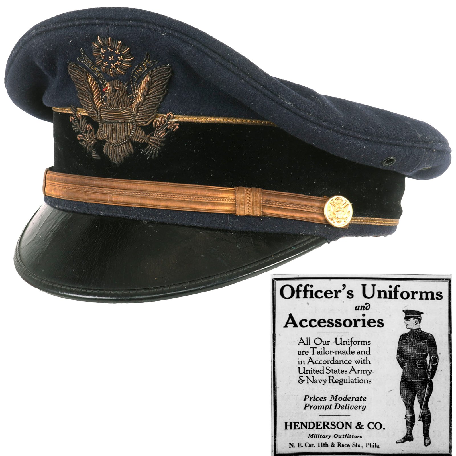 Buy Original U.S. WWI General Staff Officer’s Blue Dress Visor Cap with Bullion Eagle by Henderson & Co. Philadelphia | Original Firearms Antique For Sale