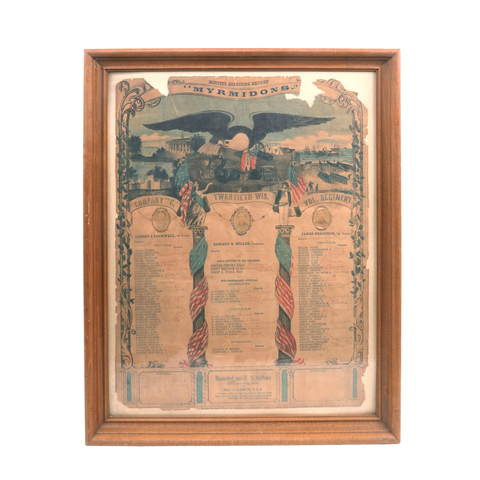 Buy Original U.S. Civil War Framed 20th Wisconsin Infantry Roster with Period Annotations - 18 x 22" | Original Firearms Antique For Sale