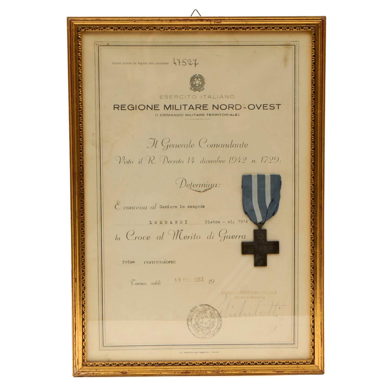 Buy Original Italian WWII Framed War Merit Cross Medal with Original Certificate Named to Pietro Lombardi - 10½ x 14⅝” | Original Firearms Antique For Sale