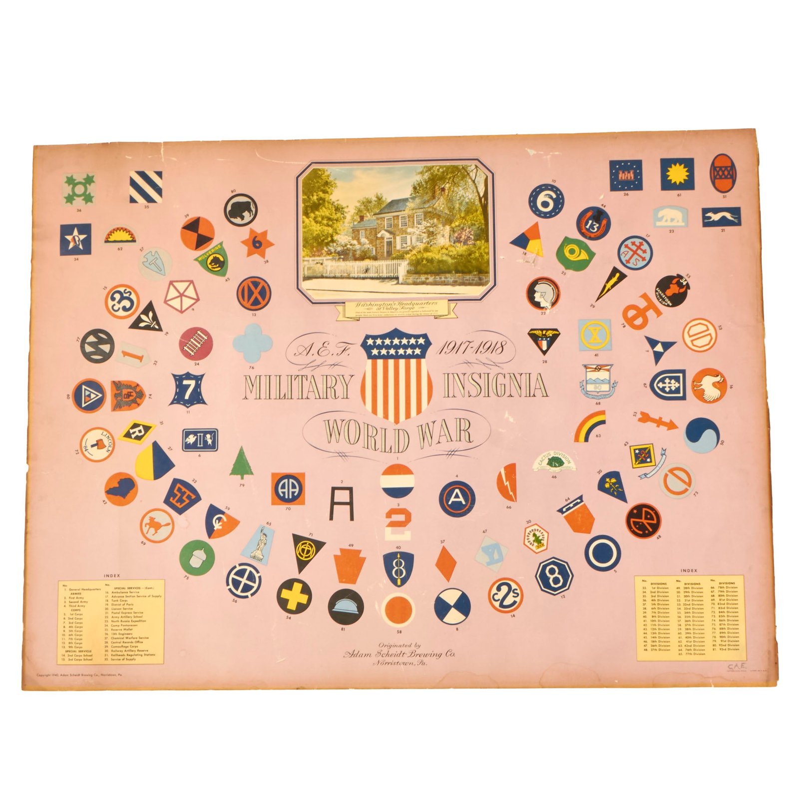 Buy Original U.S. WWI Rare Poster of Insignia of the American Expeditionary Forces - Printed by Adam Scheidt Brewing Co. in 1940 - 20¼” x 27” | Original Firearms Antique For Sale