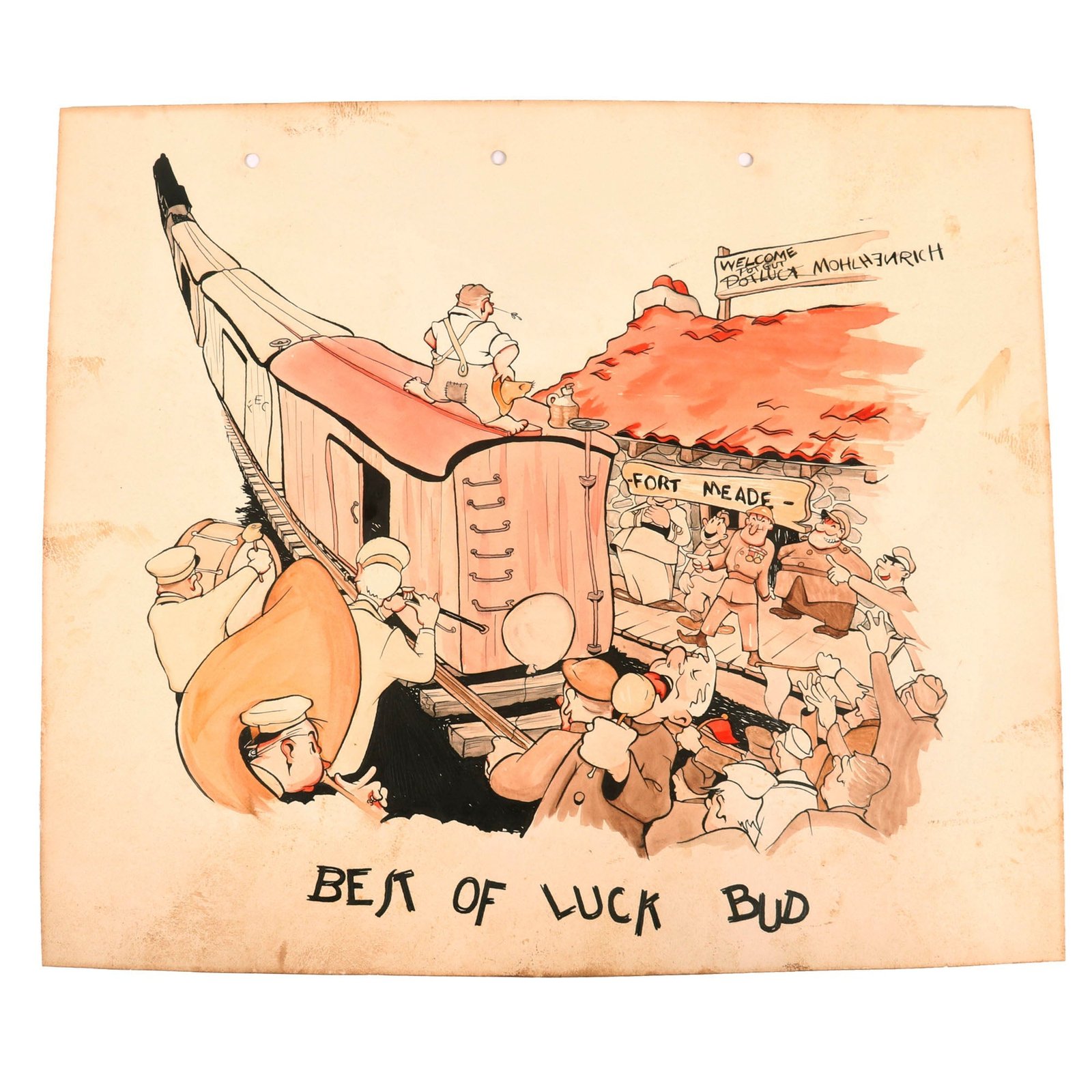 Buy Original U.S. WWI Era Professional Hand-Drawn Cartoon of Soldiers at Train Station - Best of Luck Bud! - 14 x 16” | Original Firearms Antique For Sale