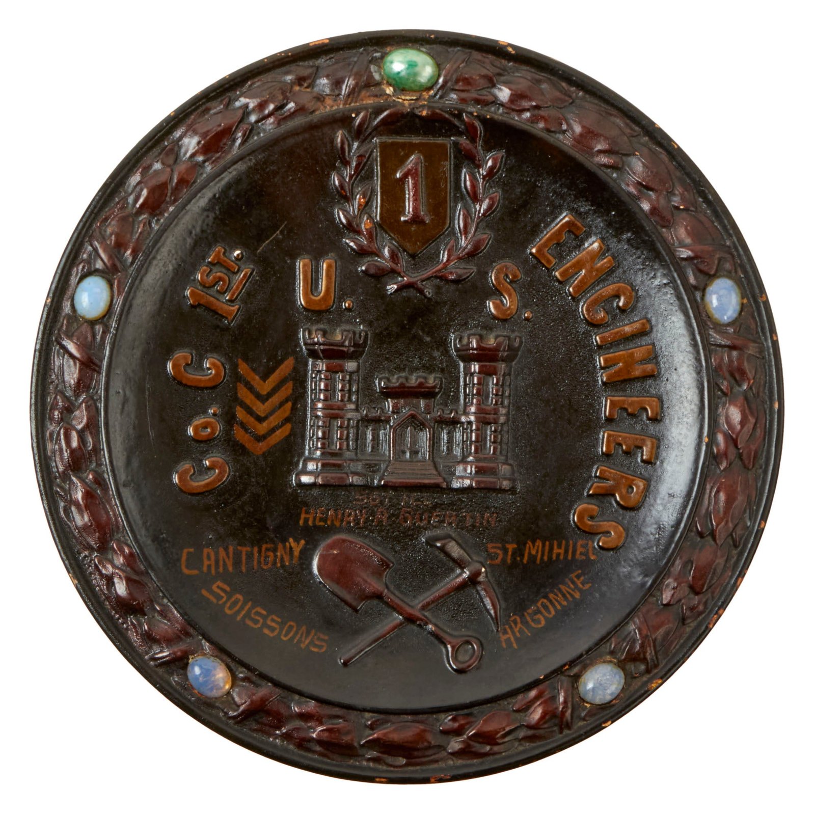 Buy Original U.S. WWI German-Made 1st Division Commemorative Service Plate - 1st U.S. Engineer Regiment - 24 Year Engineer Veteran | Original Firearms Antique For Sale
