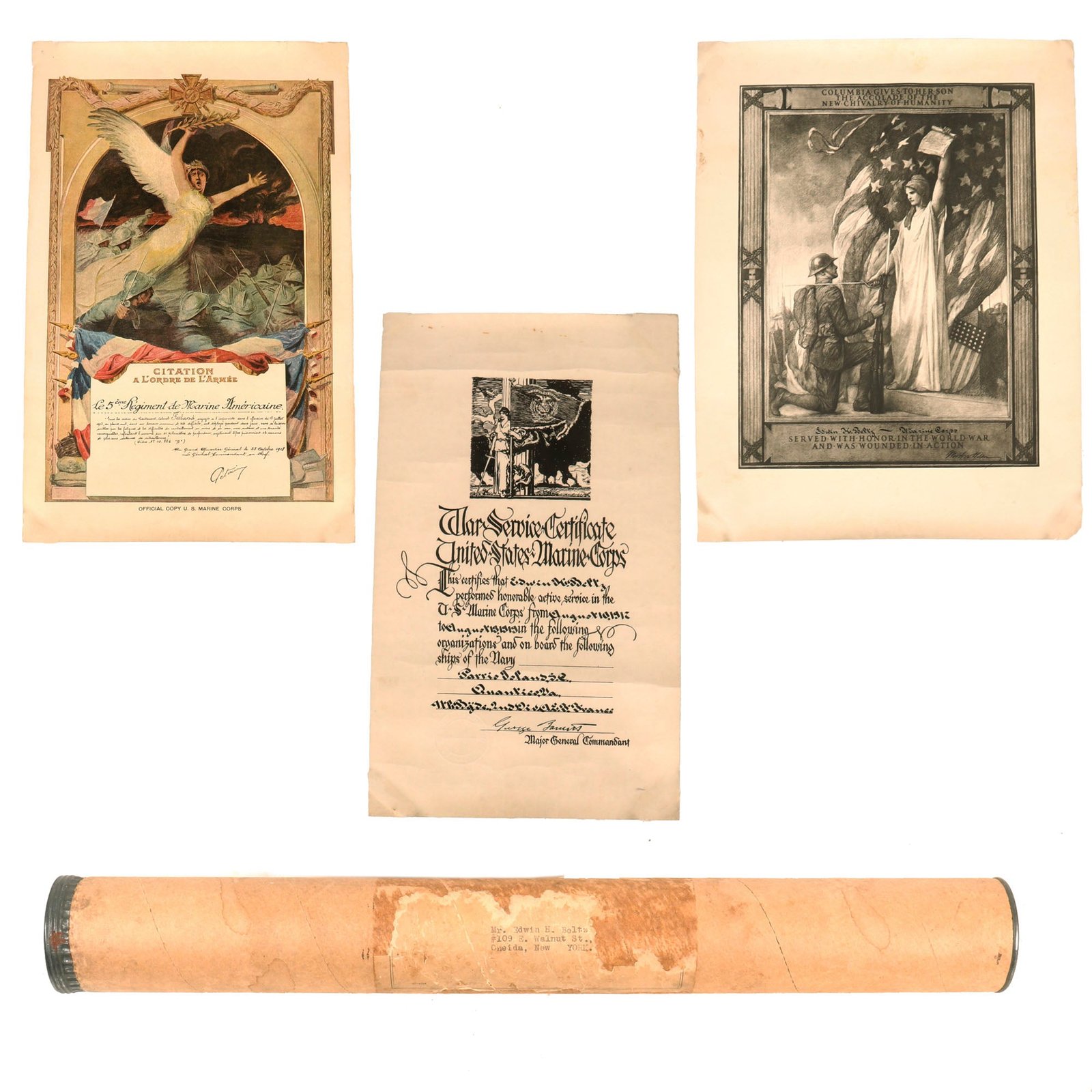 Buy Original U.S. WWI USMC Wound Certificate, War Service Certificate, & French Citation in Original Shipping Tube - Belleau Wood Marine Edwin H Beltz 5th Regiment 2nd Division | Original Firearms Antique For Sale