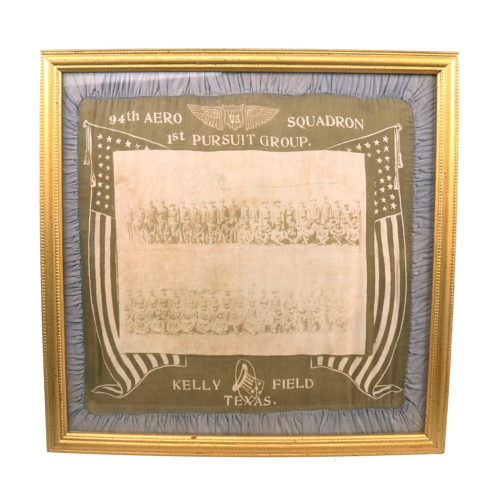 Buy Original U.S. WWI Framed Commemorative “Hat in the Ring” 94th Aero Squadron Pillowcase with Photo of Men From Unit - Squadron of Medal of Honor Recipient Eddie Rickenbacker - 22 x 22” | Original Firearms Antique For Sale