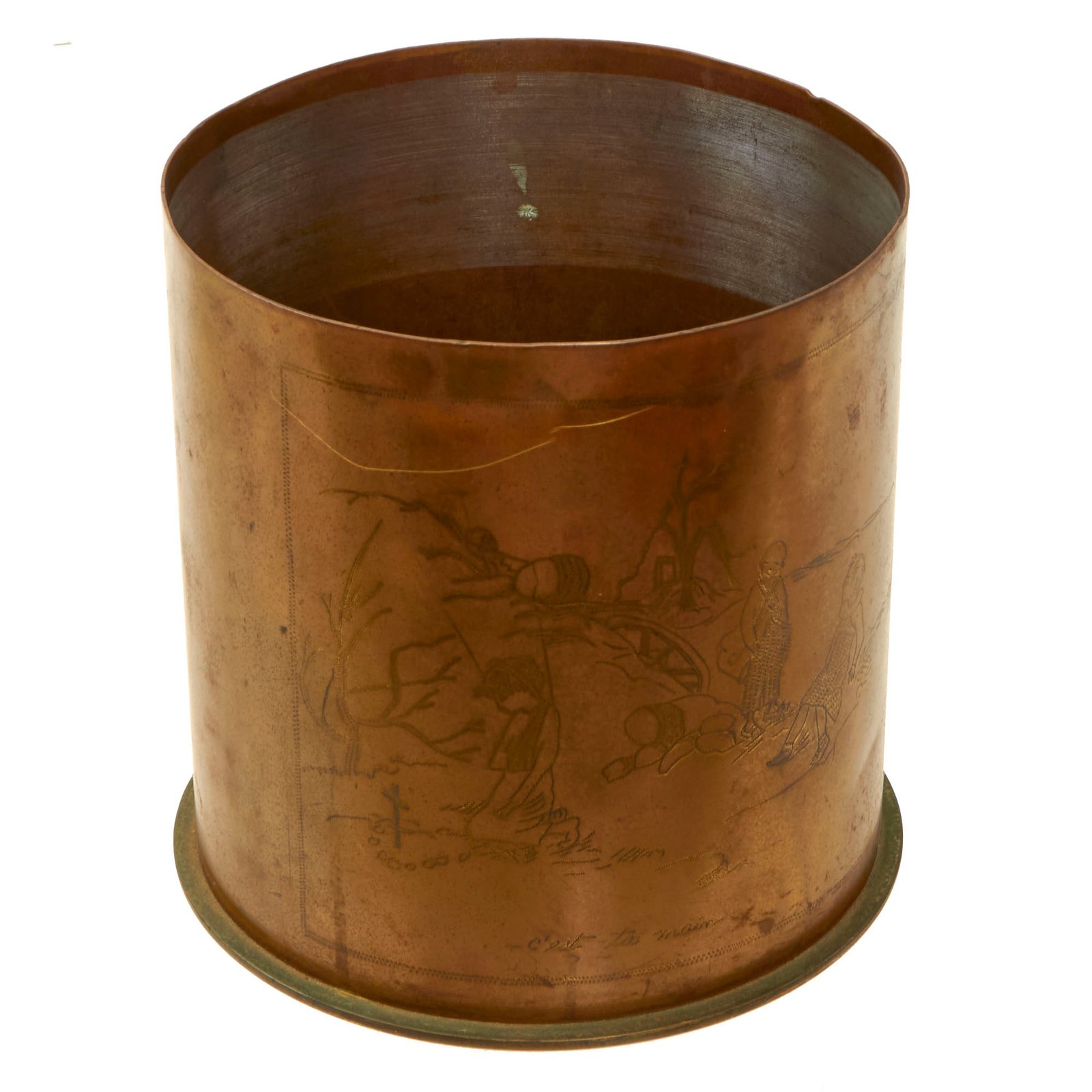 Buy Original French WWI Captured 97mm German Shell with Depiction of French Children Mourning Grave in Destroyed City - c’est ta main - Dated July 1917 | Original Firearms Antique For Sale