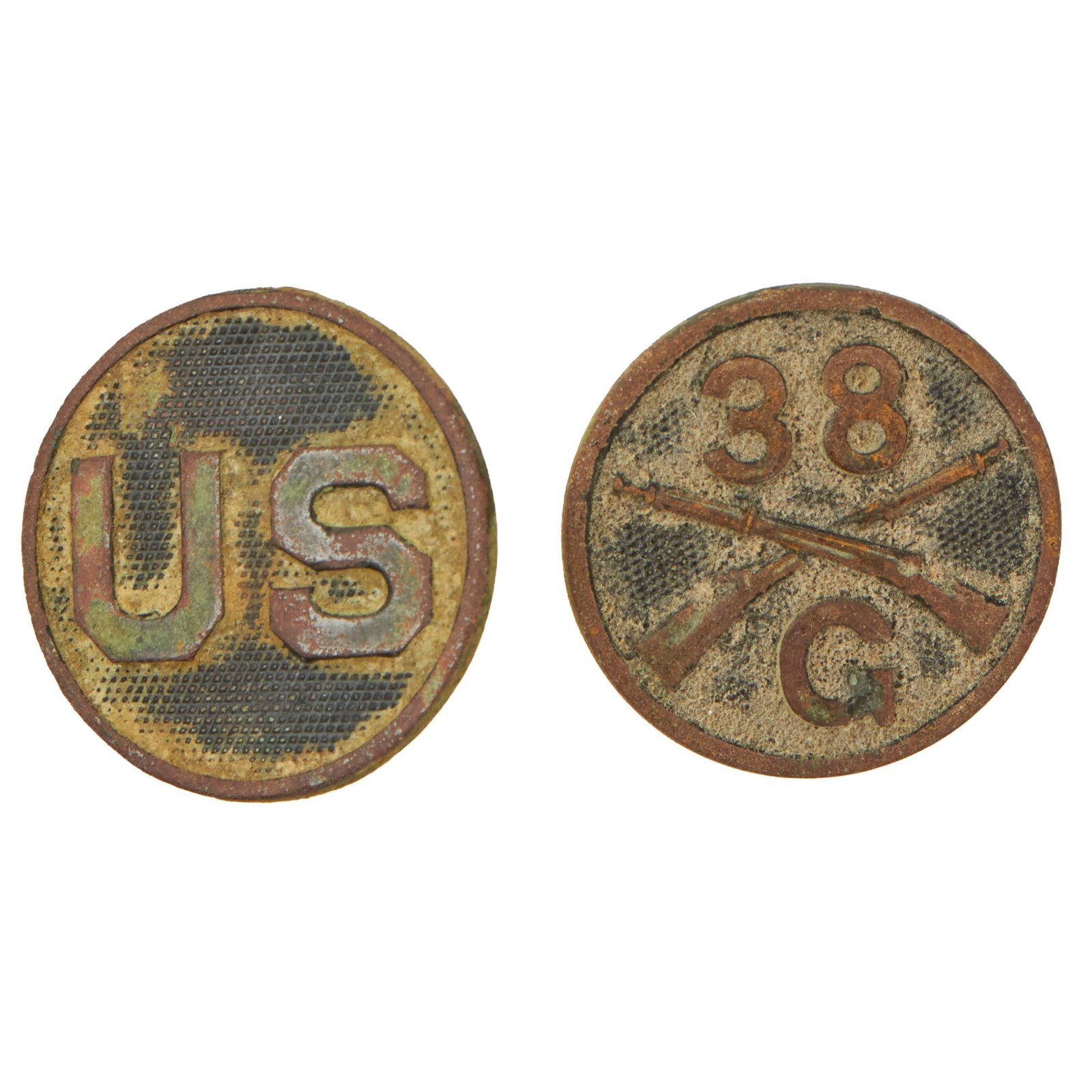 Buy Original U.S. WWI “Rock of the Marne” 38th Infantry Regiment Ground Dug Collar Discs - Dug at Saint Eugène France | Original Firearms Antique For Sale