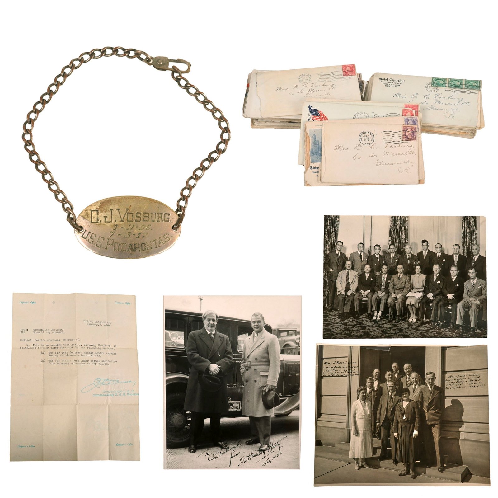 Buy Original U.S. WWI Navy ID Bracelet & 50 Letter Ephemera Grouping with War Chevron Letter - USS Pocahontas | Original Firearms Antique For Sale