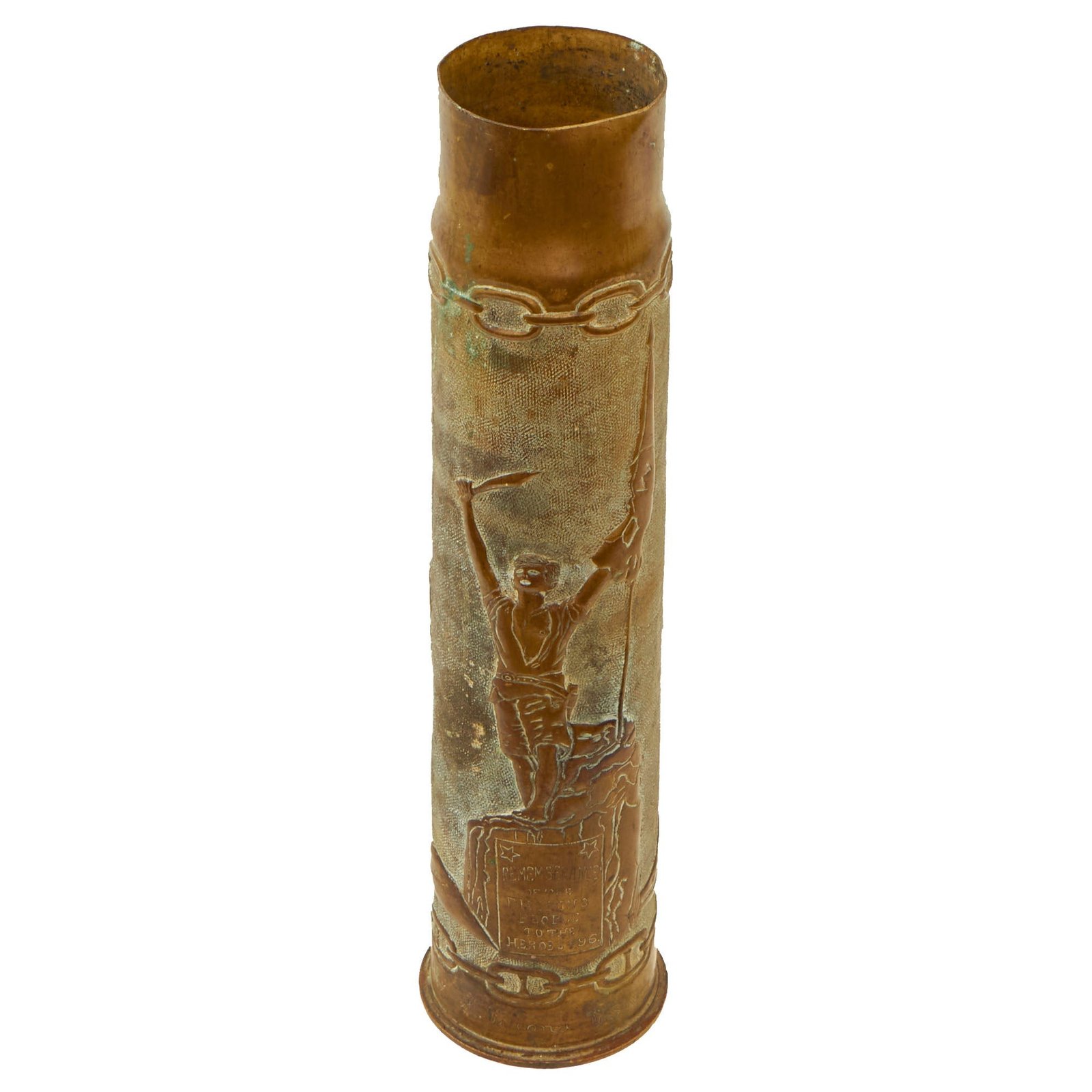 Buy Original U.S. Philippine-American War Outstanding & Intricate Navy Trench Art Shell Engraved with Flags, Statue Commemorating Heroes of ‘96 - Named to Philippine-Born 17-Year USN Veteran - Dated 1898 | Original Firearms Antique For Sale
