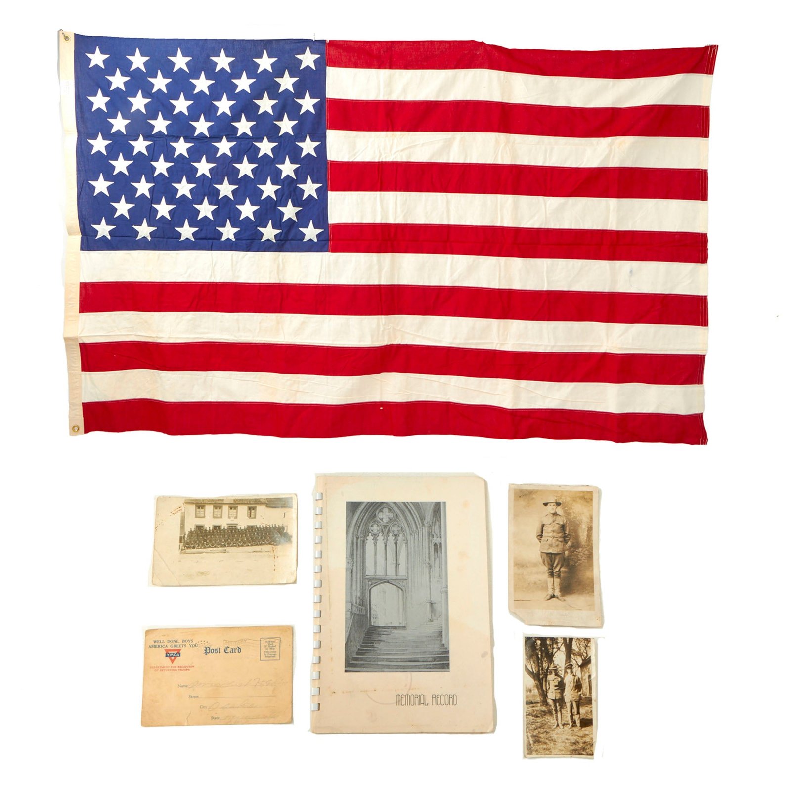 Buy Original U.S. WWI 90th Division “Tough ‘Ombres” 50-Star Burial Flag & Ephemera of Leonard Hedin, 357th Infantry Regiment - 52 x 84” | Original Firearms Antique For Sale
