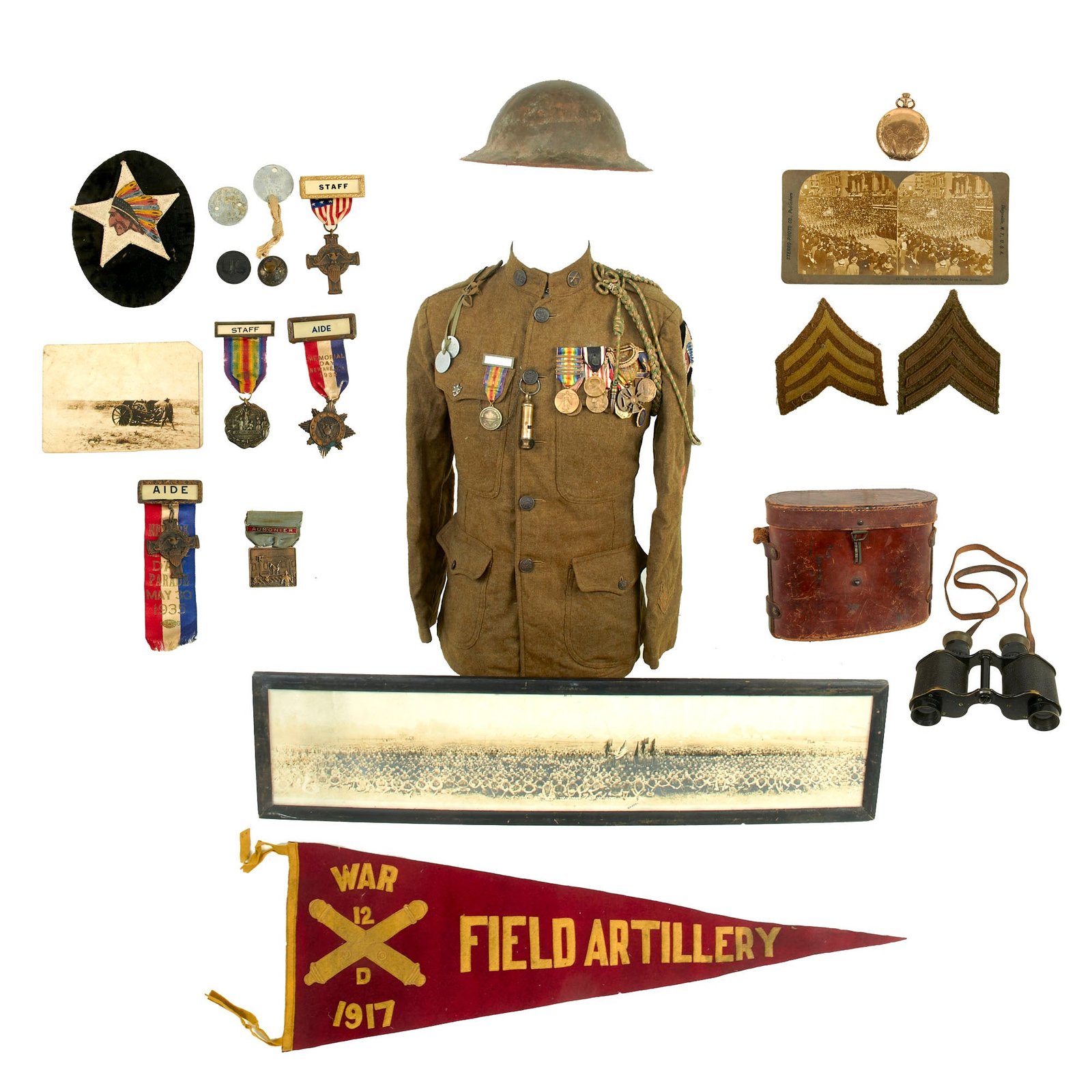 Buy Original U.S. WWI 2nd Division 2nd FA Brigade Regimental Sergeant Major Uniform and Medal Grouping with Velvet Patches & Dog Tags, Yardlong & Pennant - Edmund Smith Mills | Original Firearms Antique For Sale