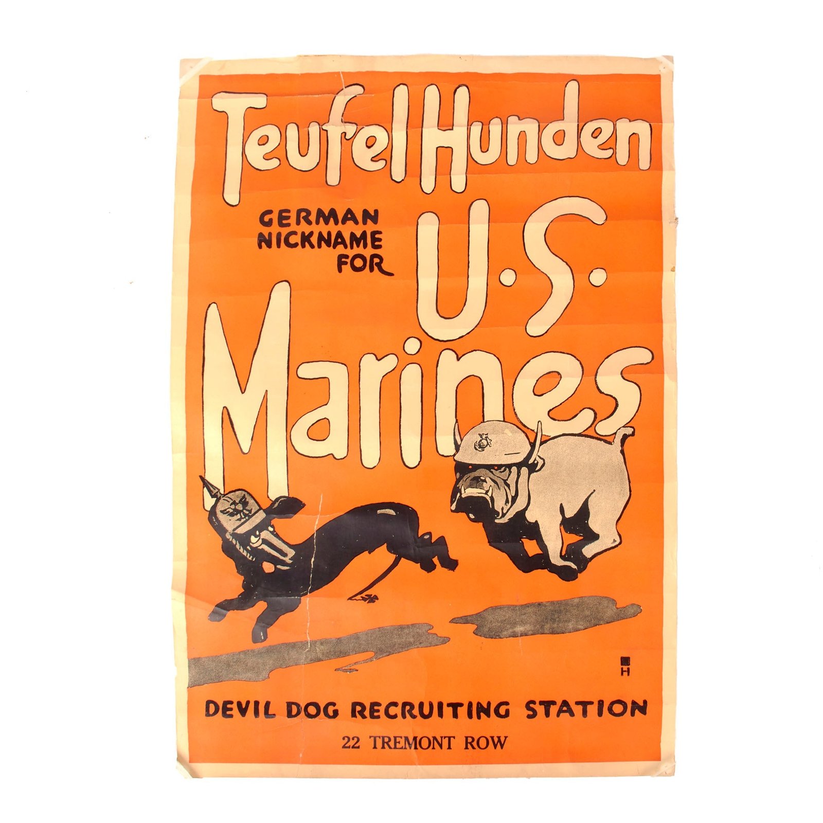 Buy Original U.S. WWI US Marine Corps “Teufel Hunden” Recruitment Poster with Boston, Massachusetts Address - 22 Tremont Row - 19 x 27½” | Original Firearms Antique For Sale