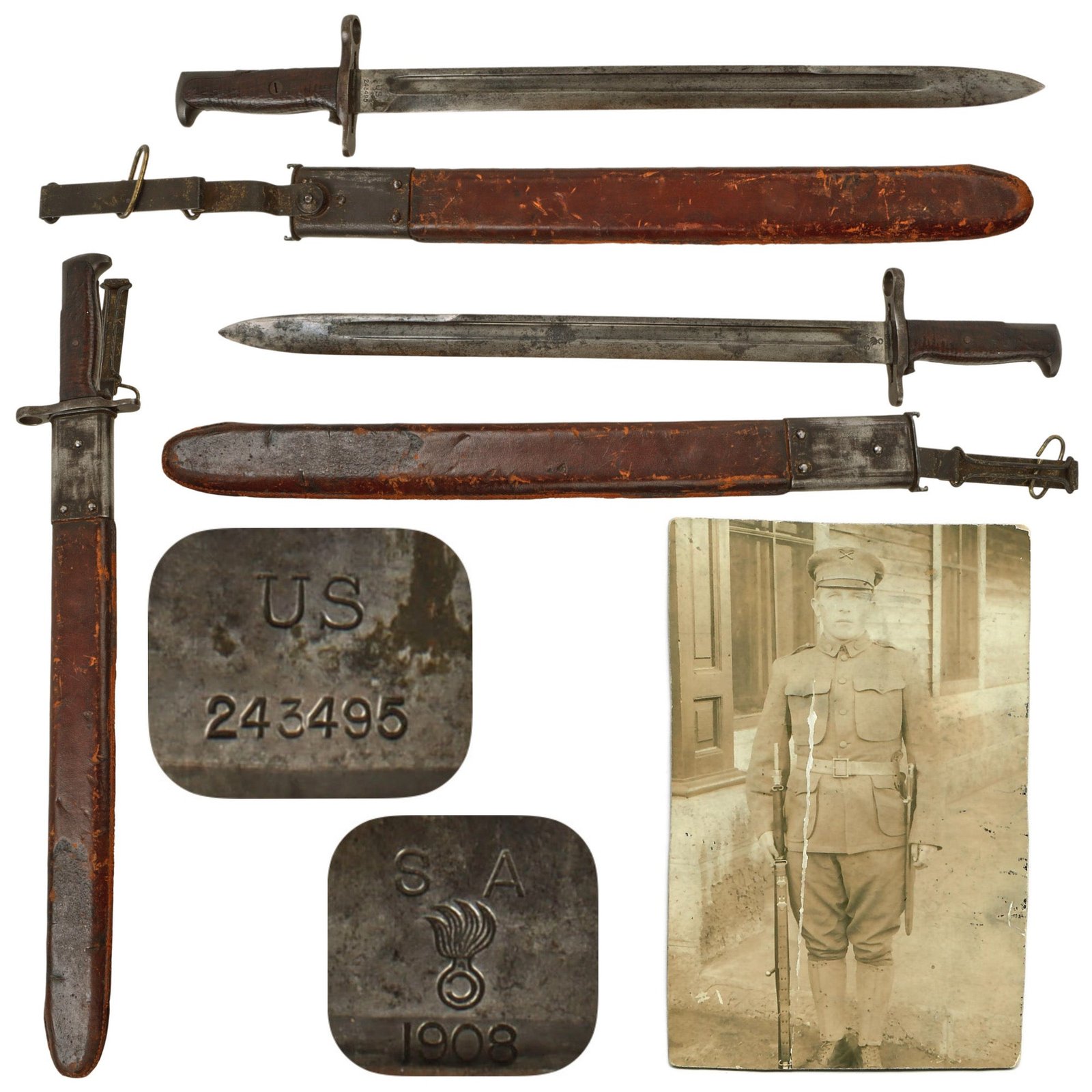 Original U.S. WWI M1905 Springfield 16-inch Rifle Bayonet by S.A. with Rare 1st Pattern M1906 Scabbard by R.I.A. and Original Photo of Soldier Wearing One - Dated 1908