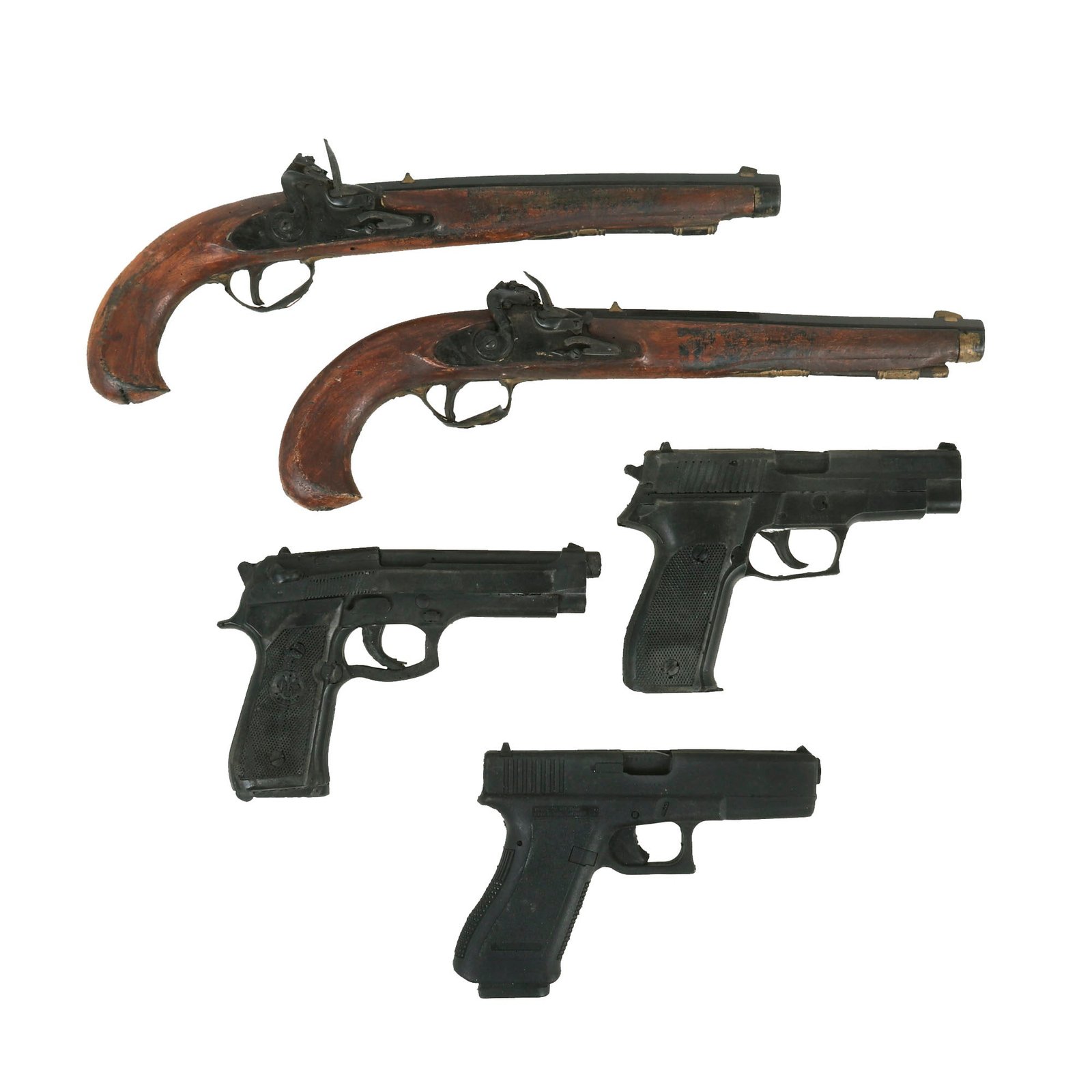 Buy Original Hollywood Film Rubber Prop Pistols from Ellis Props & Graphics - (2) Flintlock Pistols - Glock - Beretta - Sig Sauer - 5 Items | Original Firearms Antique For Sale