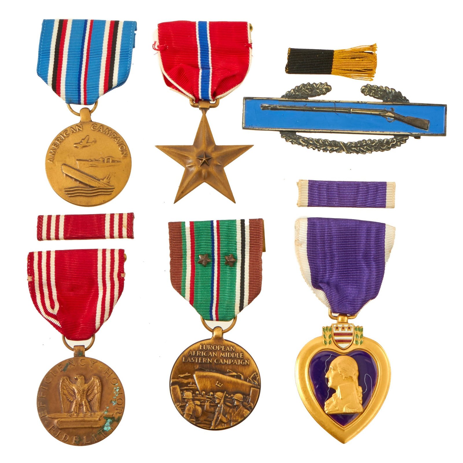 Buy Original U.S. WWII Army Combat Wounded Name Engraved Medal Lot Featuring Purple Heart and Bronze Star - Edmund Woodley | Original Firearms Antique For Sale
