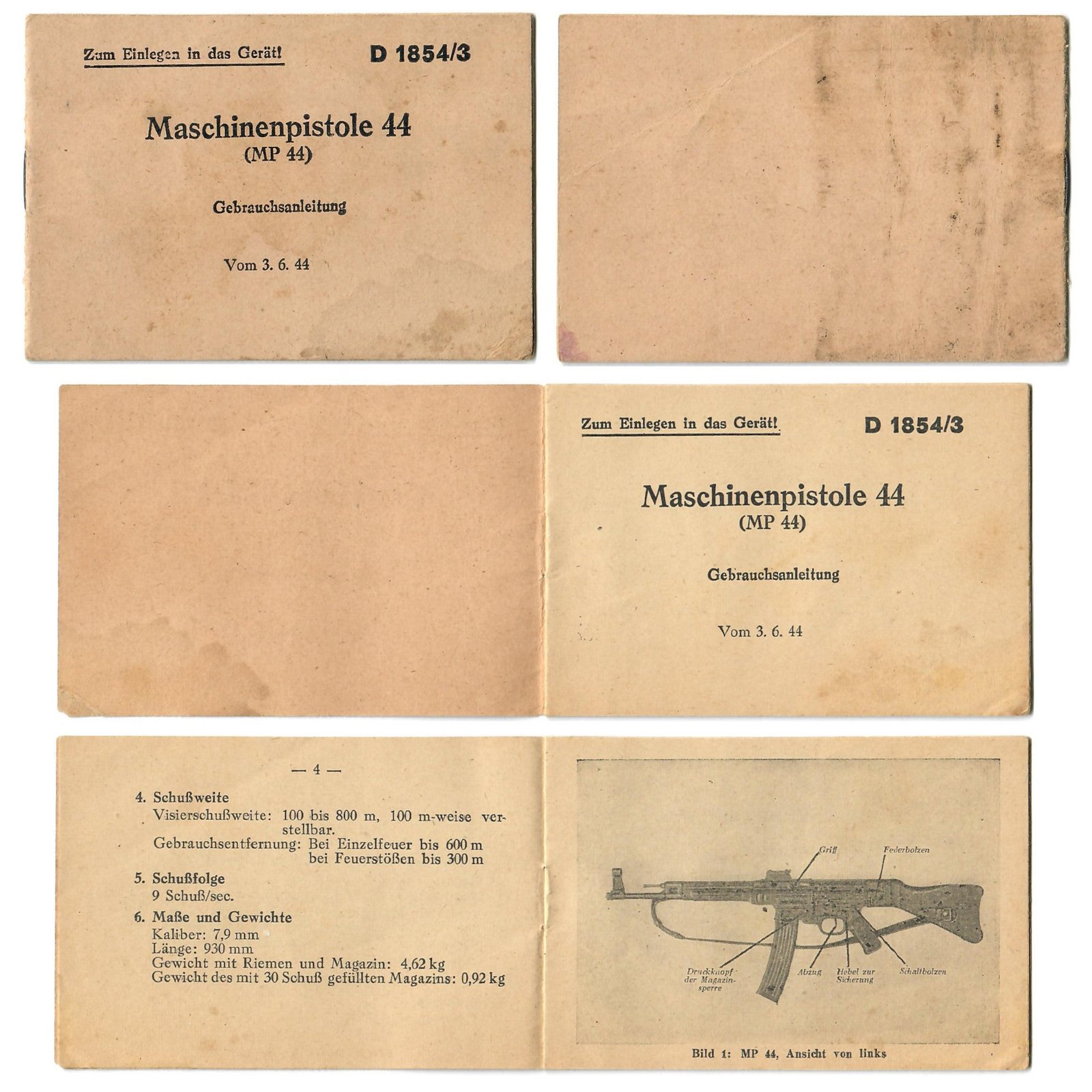 Original German WWII MP44 STG 44 Sturmgewehr Butt Stock Trap Manual - Dated June 1944
