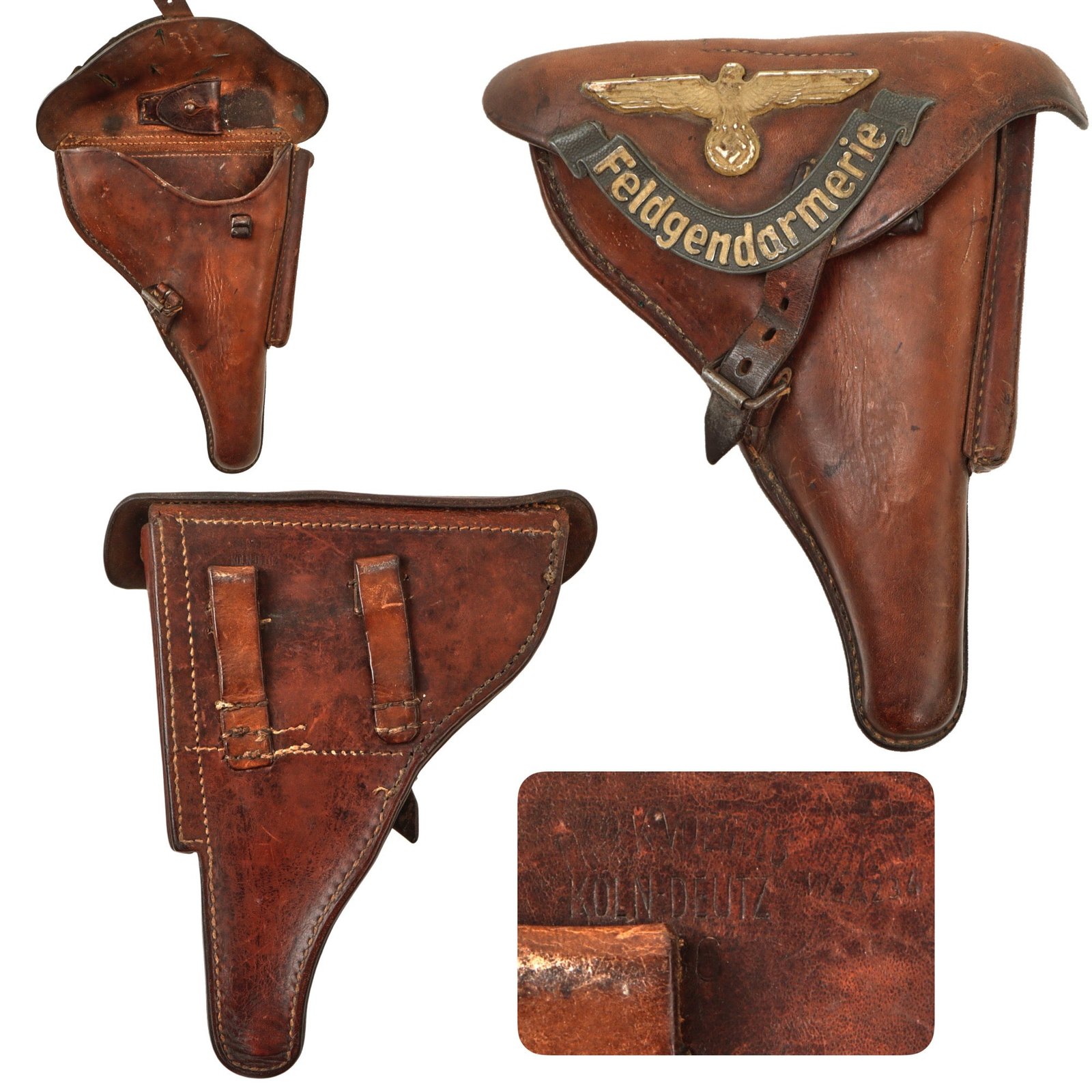 Original German Pre WWII P.08 Luger Pistol Brown Leather Hardshell Holster by Fr & K. Voegels with Attached Feldgendarmerie Gorget Insignia - Dated 1936