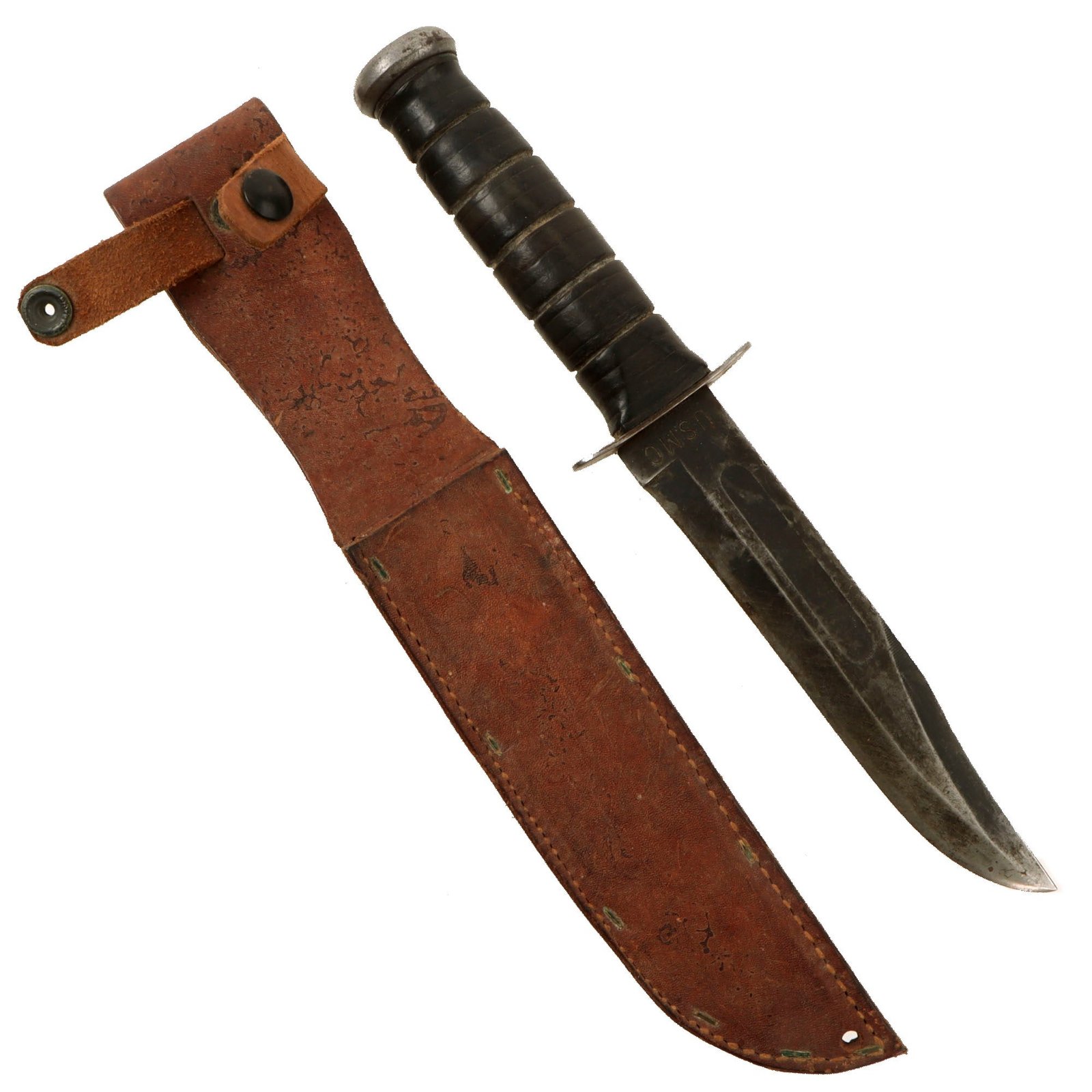 Original U.S. WWII USMC Early Blade-Marked Mark 2 KA-BAR Fighting Knife in Leather Sheath