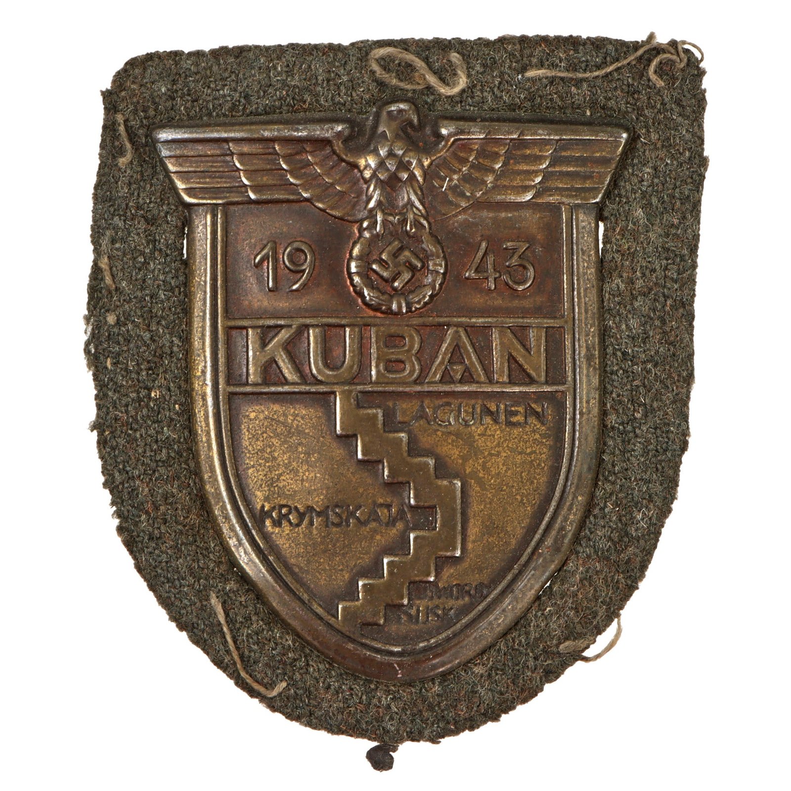 Original German WWII Heer Army Kuban Bridgehead Shield Decoration with Fabric & Back Plate - Ärmelschild Kuban