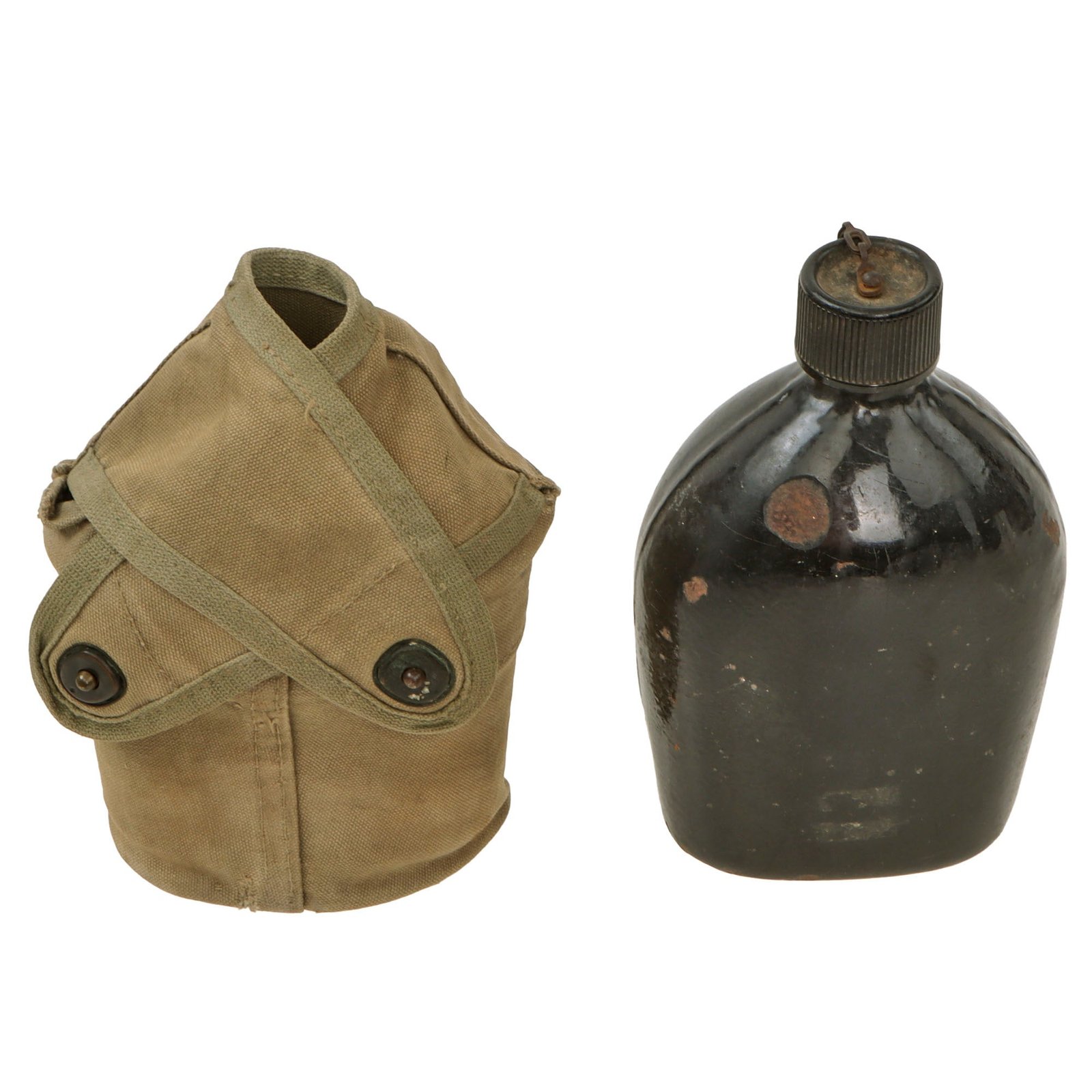 Original U.S. WWII Rare M1942 Black Porcelain Enamel Canteen in 3rd Pattern USMC Carrier
