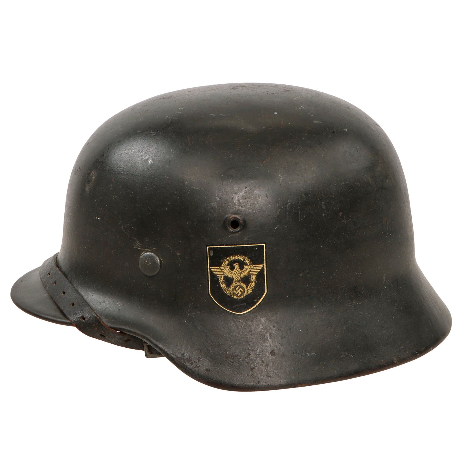 Original German WWII Double Decal NSDAP Civic Police M40 Steel Combat Helmet with 1940 Dated 57cm Liner & Chinstrap - Stamped SE64
