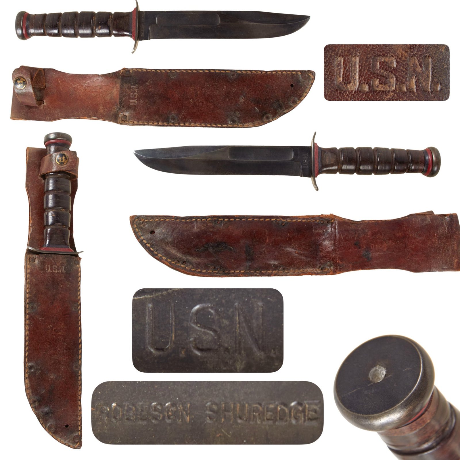 Original U.S. WWII USN Red Spacer Mark 2 KA-BAR Fighting Knife by Robeson Cutlery with USN Leather Sheath