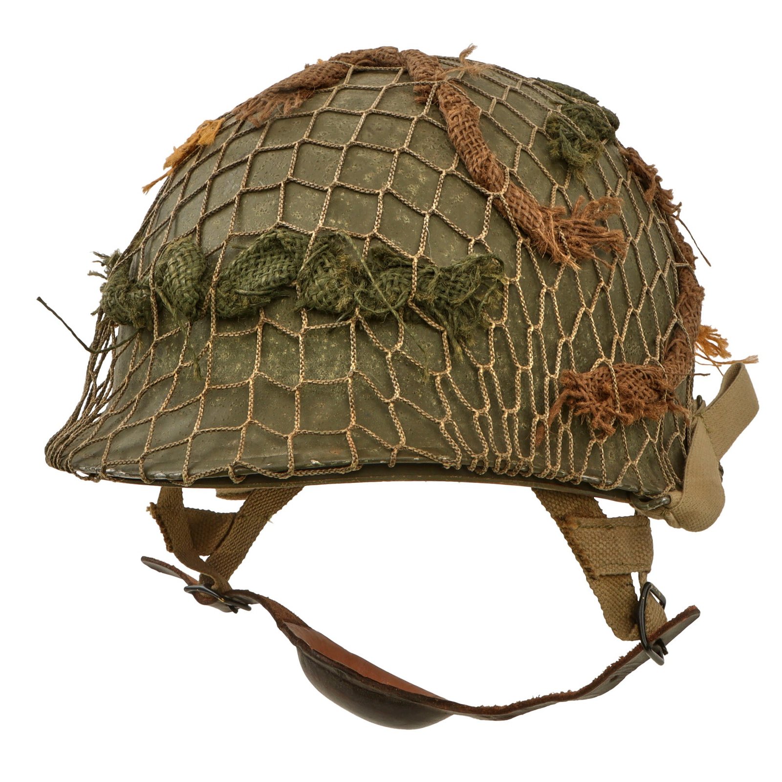Original U.S. WWII M1 Helmet Converted by Collector to Paratrooper Helmet with Net & Scrim