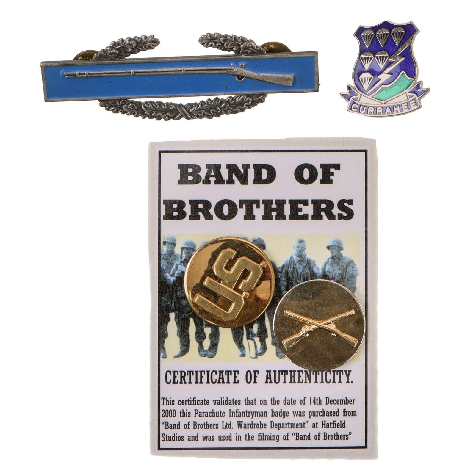 Original U.S. Band of Brothers Collar Discs, Currahe DI, and CIB used in Show