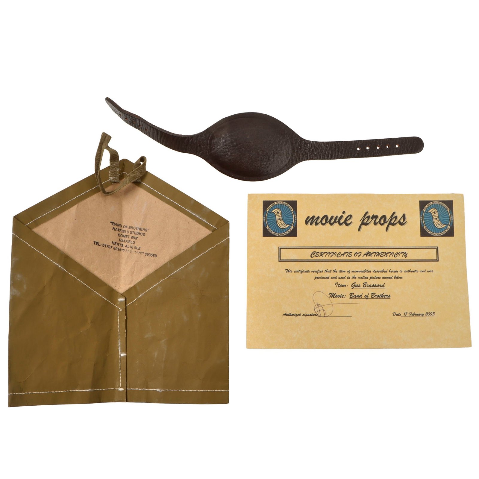 Original U.S. Band of Brothers Airborne Gas Brassard & Airborne Leather Chincup used in Show with Certificate of Authenticity