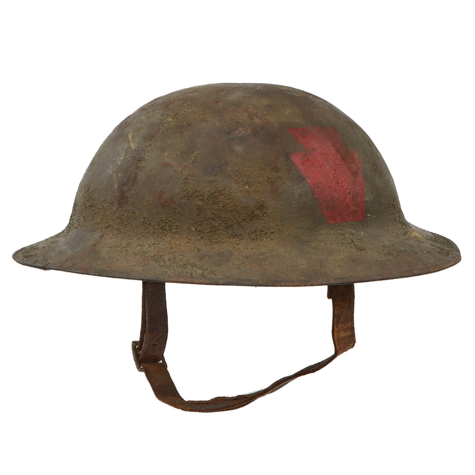 Original U.S. WWI Rare 28th “Keystone” Division Pennsylvania National Guard British-Made Mk 1 Doughboy Helmet with Combat-Cut Chinstrap & Weak Liner
