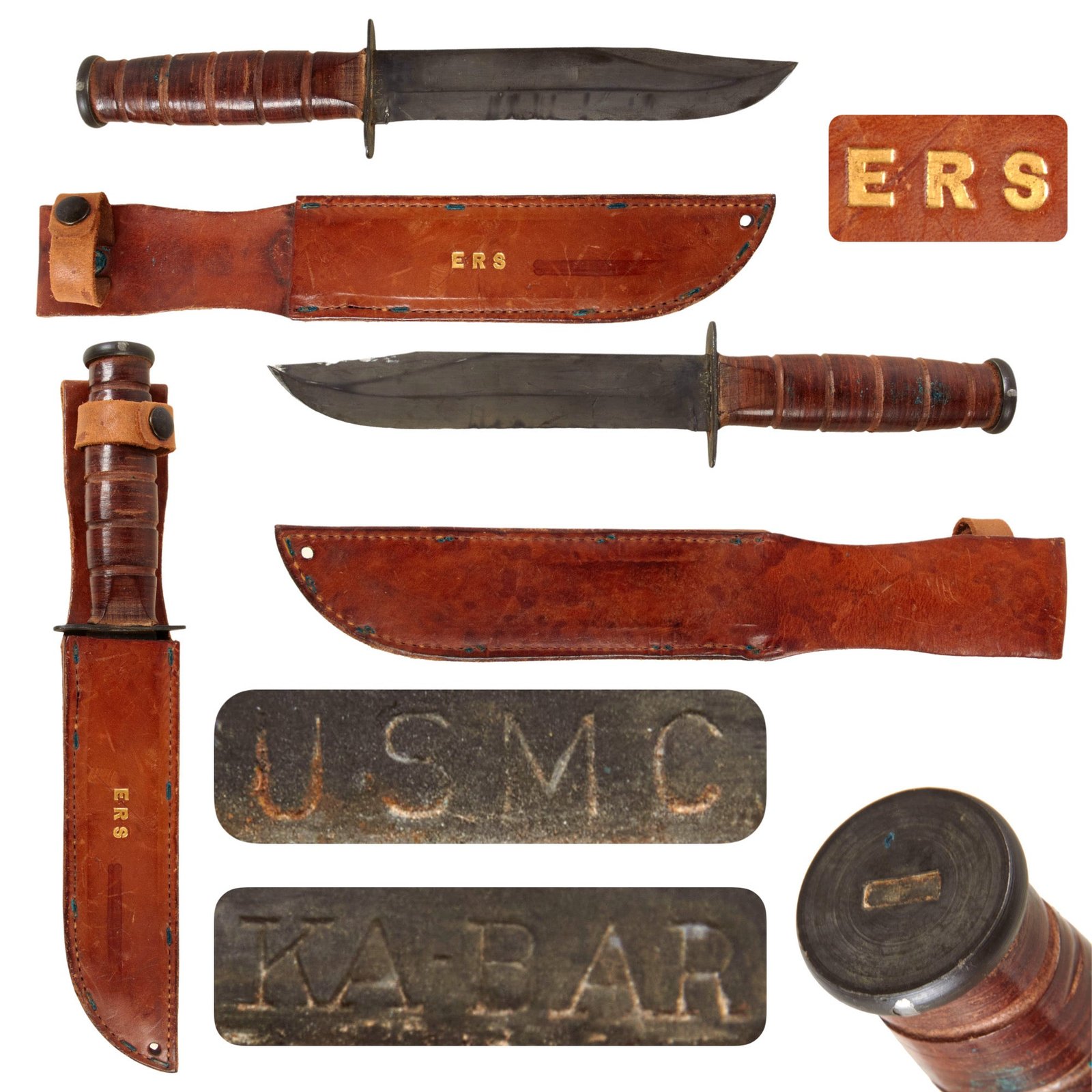 Original U.S. WWII USMC Early Blade-Marked Mark 2 KA-BAR Fighting Knife in Leather Sheath Embossed in Gold with Owner’s Initials