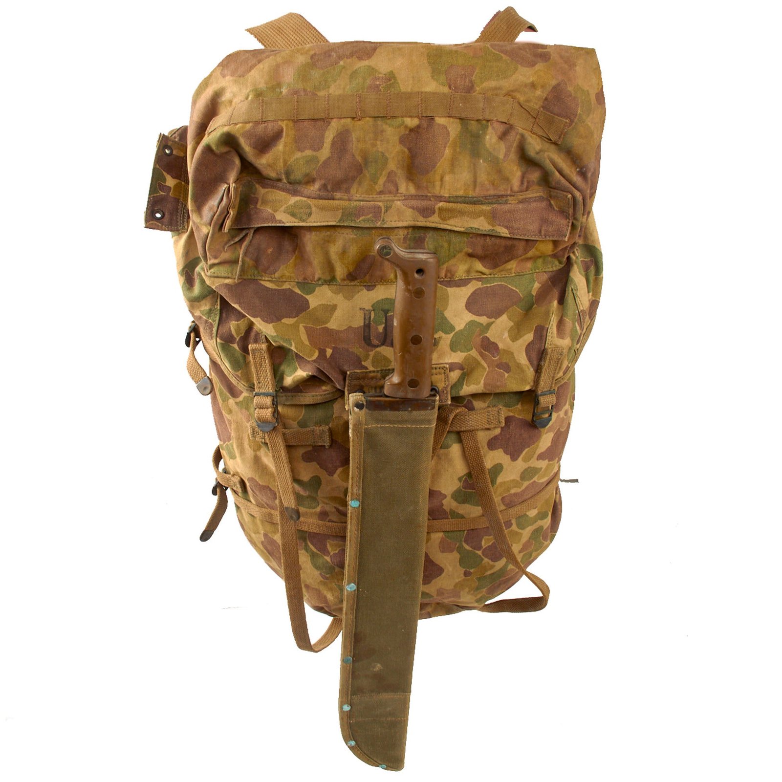 Original U.S. WWII M1942 Frogskin Camouflage Jungle Pack by Carter Bros with Attached TrueTemper Machete in Sheath - Dated 1943