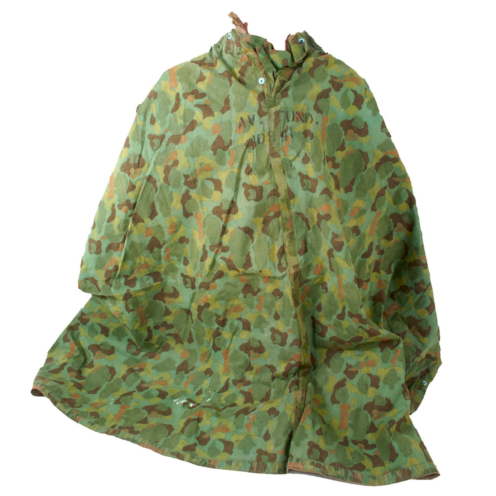 Original U.S. WWII USMC Extremely Worn and Torn Shelter Half Poncho with Airman School Stencils - Very Large Tear in Material - Reversible Camouflage