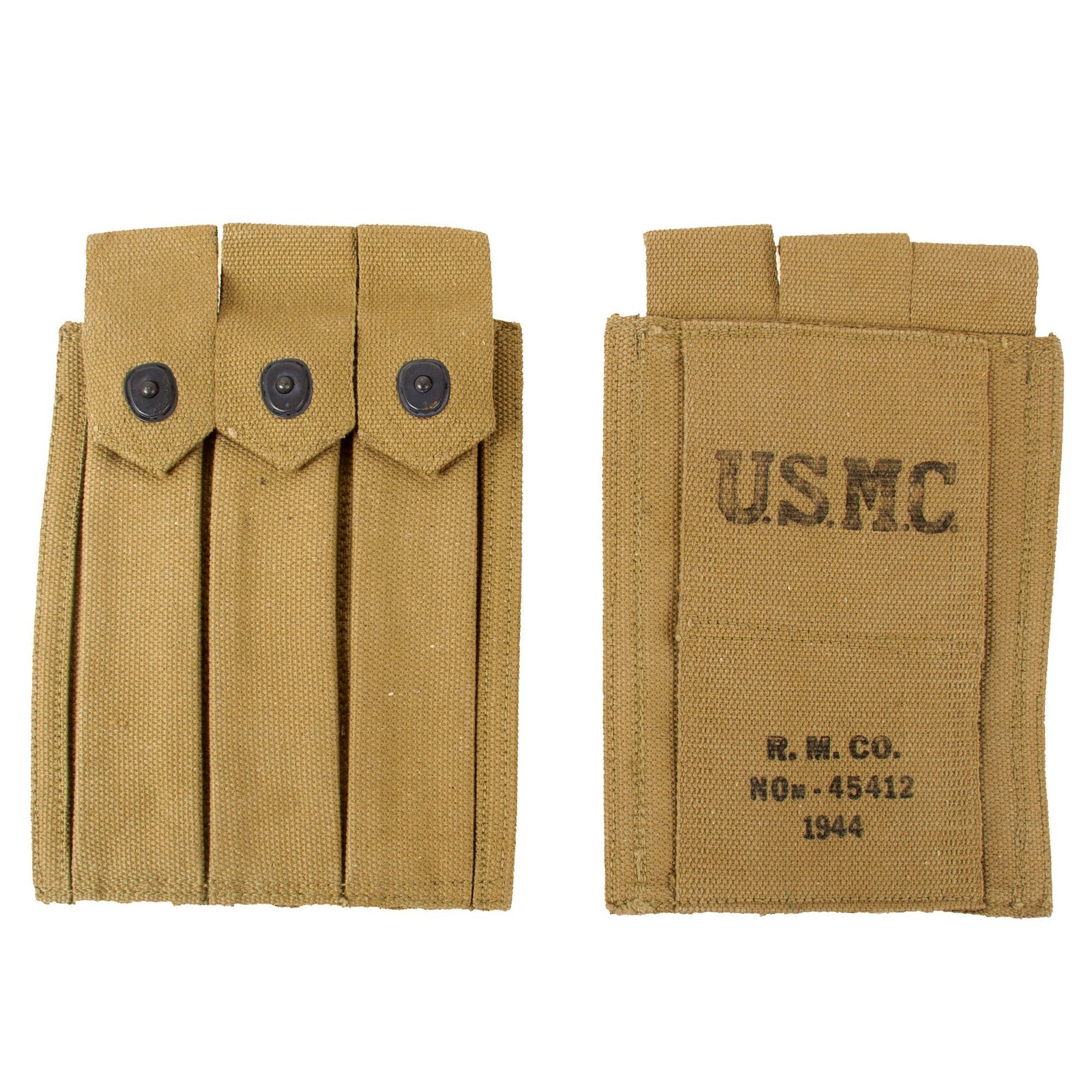 Original U.S. WWII USMC Set of Two 1944 Dated Thompson .45 Submachine Gun Magazine Pouches by Russell Mfg. Co.