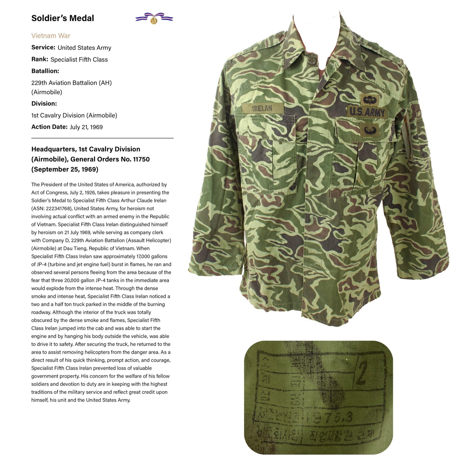 Original U.S. Vietnam War Named Republic of Korea Special Forces American-Issued Camouflage Uniform Jacket - Arthur Claude Irelan - Dated 1975
