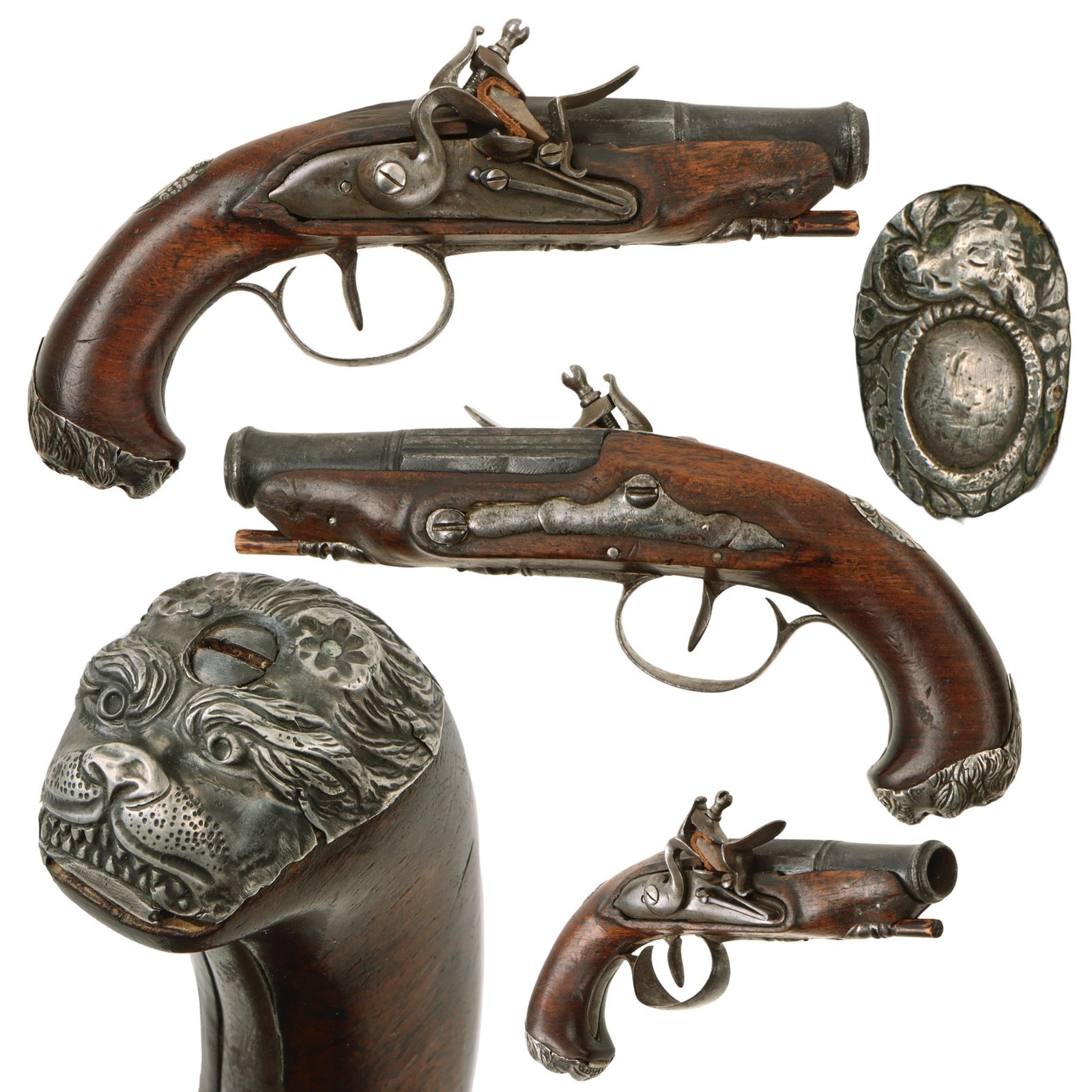 Original 18th Century European Continental Flintlock Pocket Pistol with Lion Head Grotesque Butt Cap - circa 1780