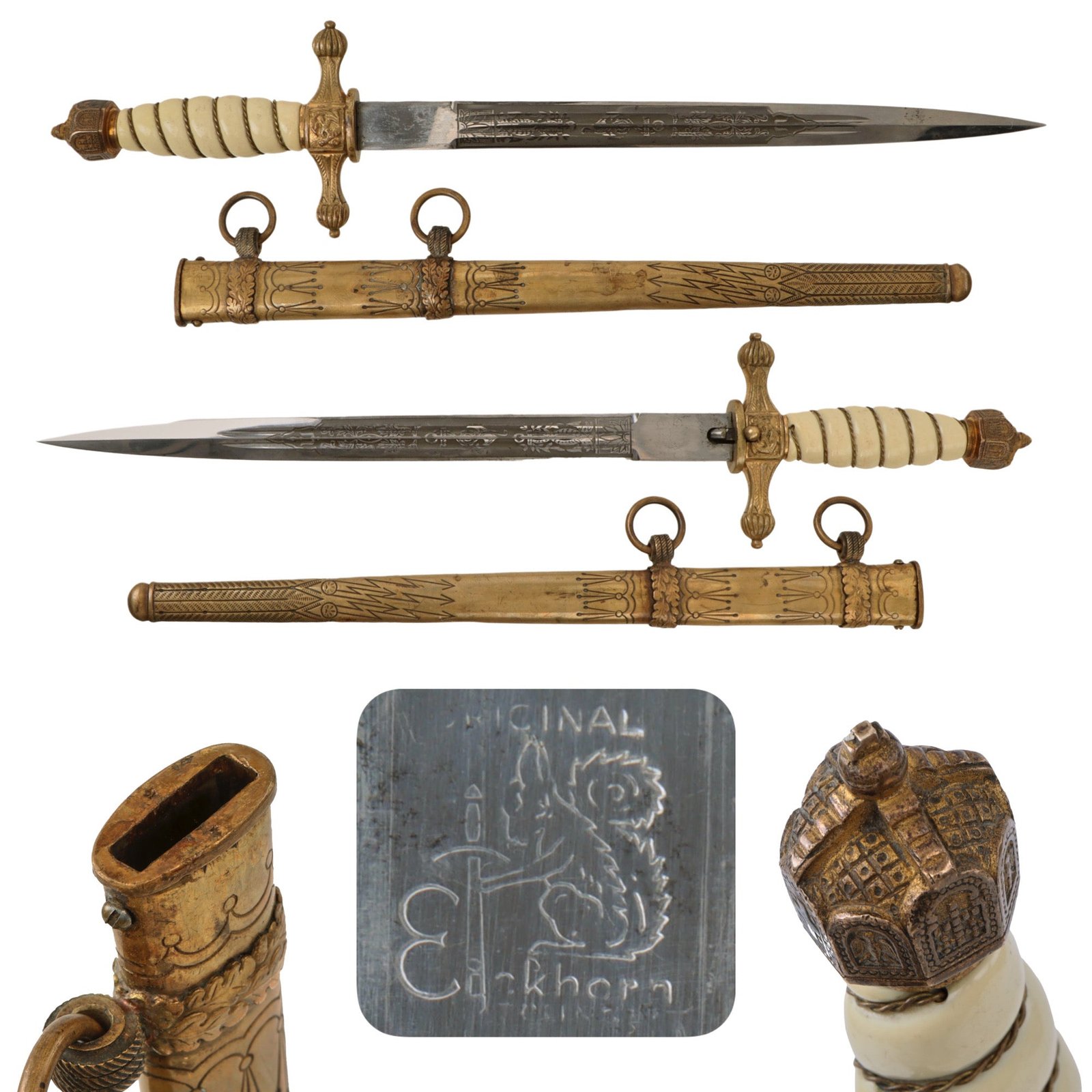 Original WWII German 2nd Model Naval Dagger by Carl Eickhorn with Lightning Bolt Scabbard & Imperial Crown Pommel