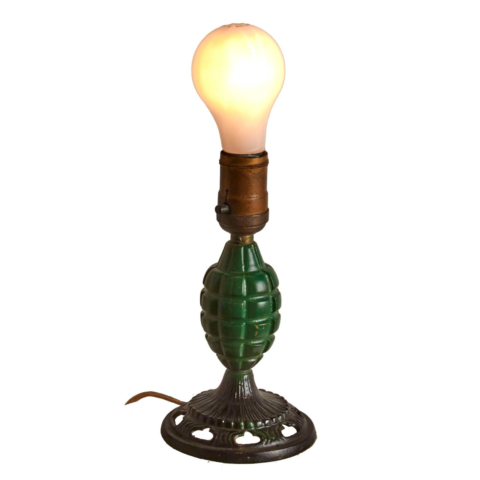 Buy Original U.S. WWII Mk. II Grenade Body Trench Art Lamp with Cast Iron Base - Functional | Original Firearms Antique For Sale