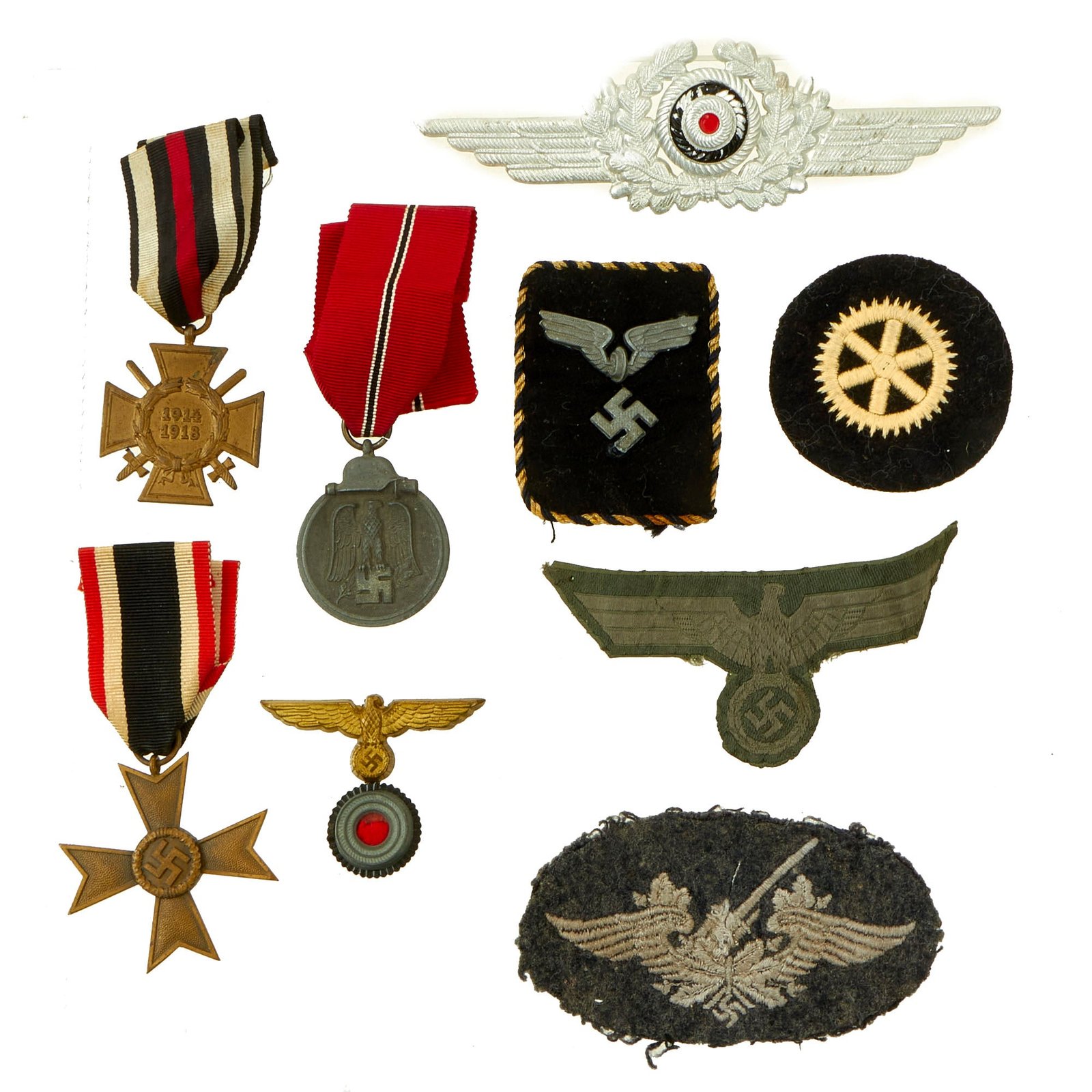 Buy Original German WWII Medal and Insignia Grouping with War Merit Cross 2nd Class & Eastern Medal - 9 Items | Original Firearms Antique For Sale