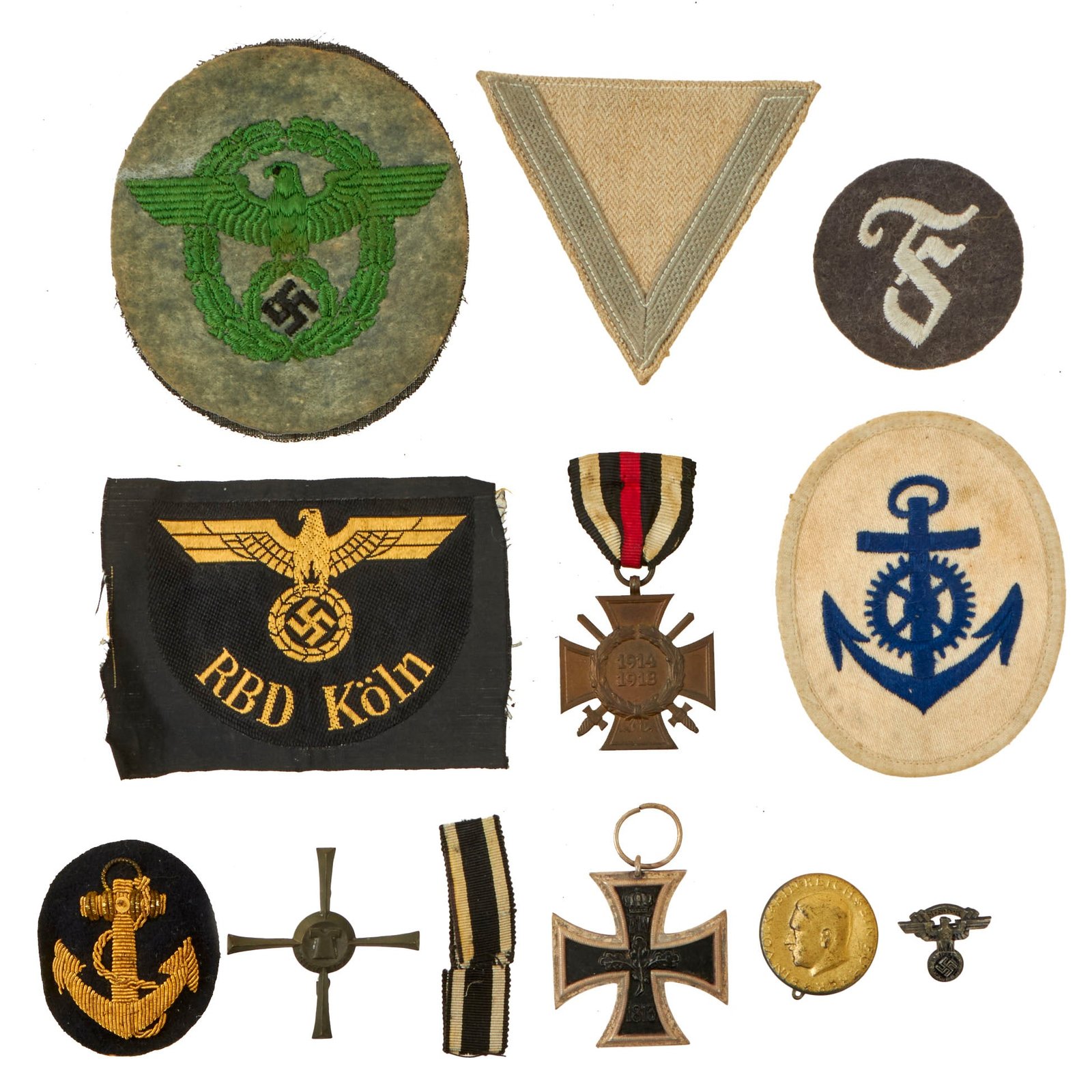 Buy Original German WWI - WWII Award and Insignia Grouping with 1914 EKII, Hindenburg Cross, Police Sleeve Eagle, and More - 11 Items | Original Firearms Antique For Sale